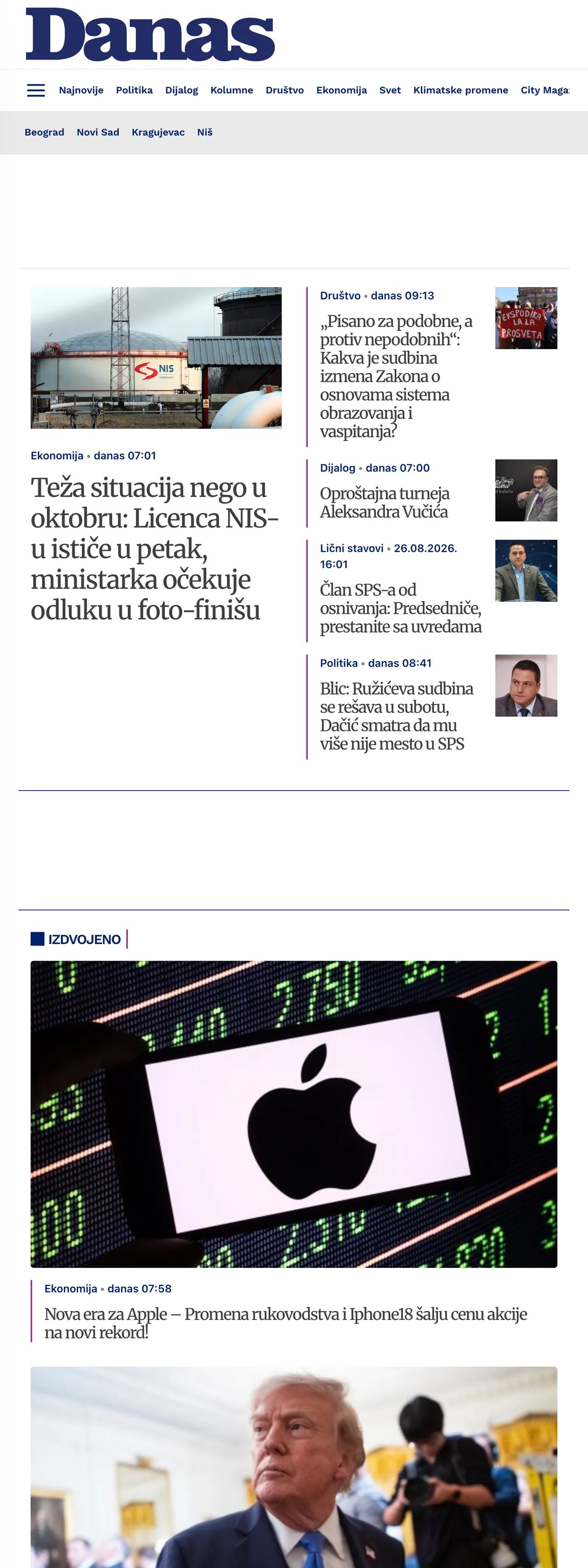 Screenshot of the Danas front page