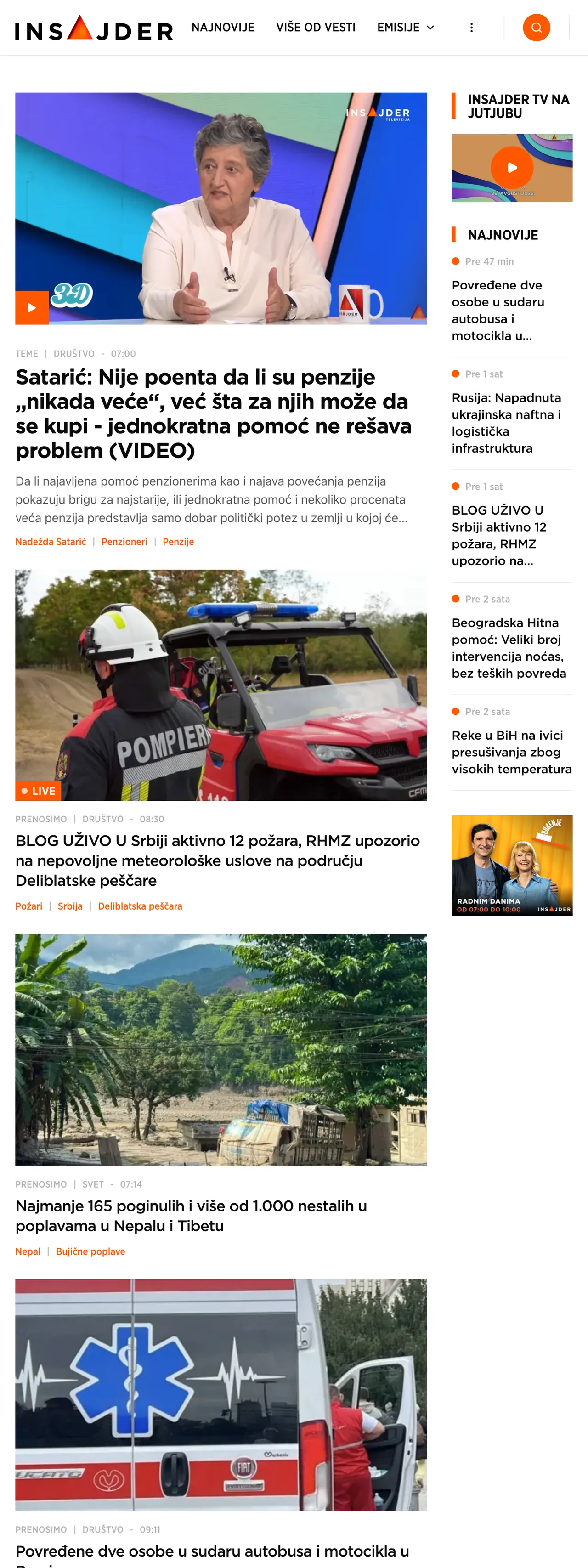 Screenshot of the Insajder front page