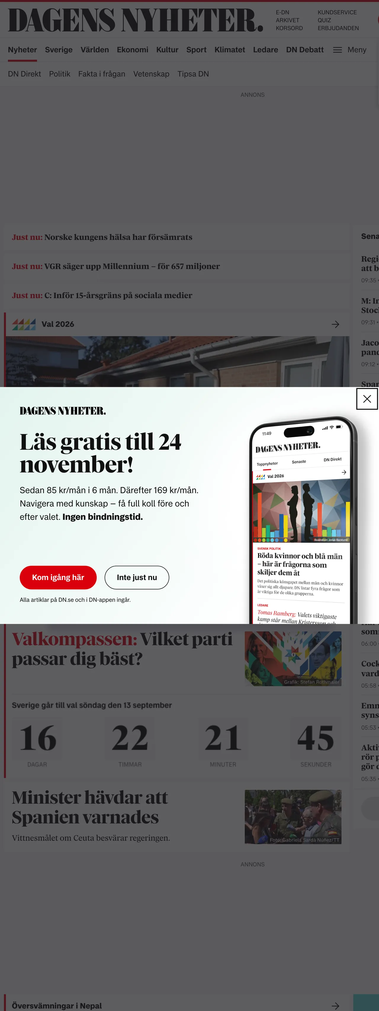 Screenshot of the Dagens Nyheter front page