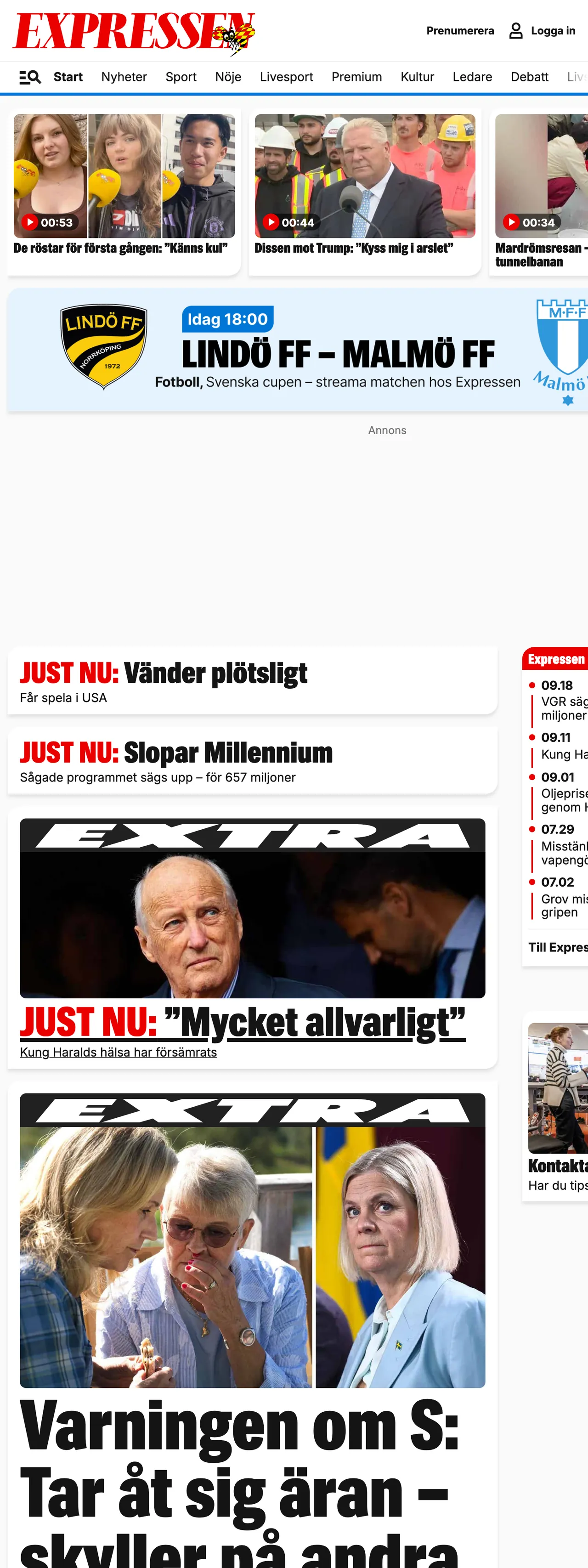 Screenshot of the Expressen front page