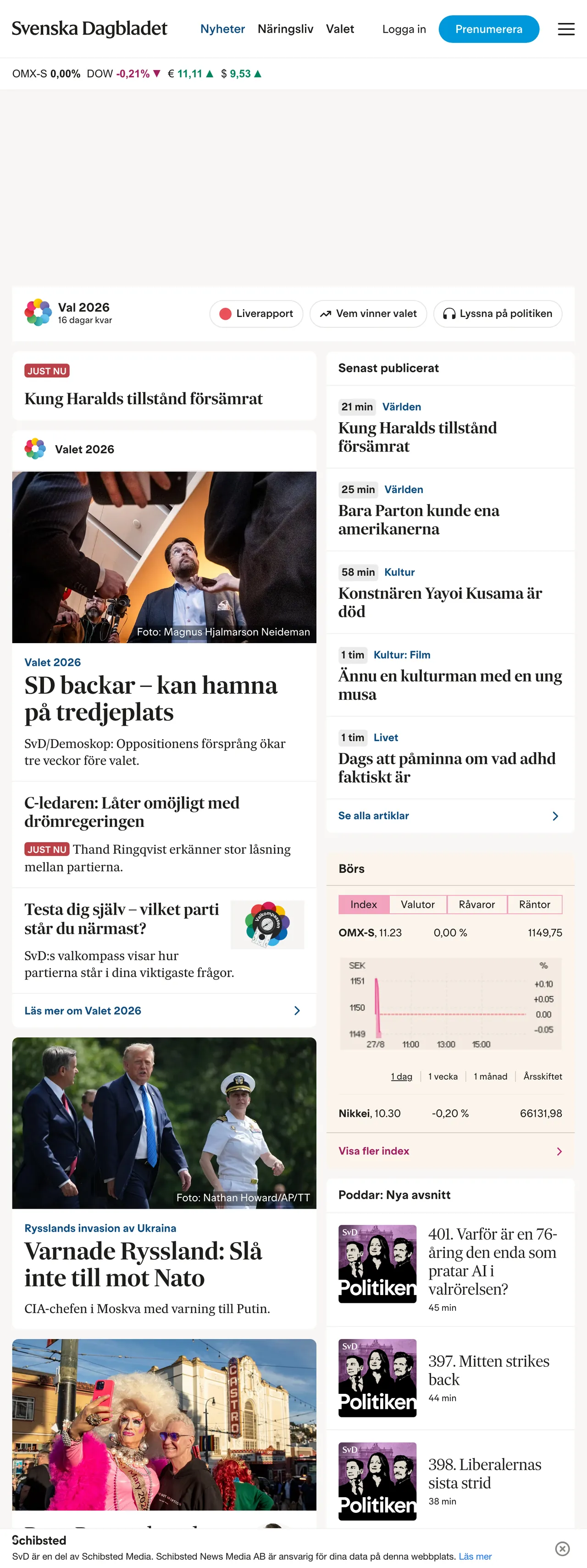 Screenshot of the Svenska Dagbladet front page