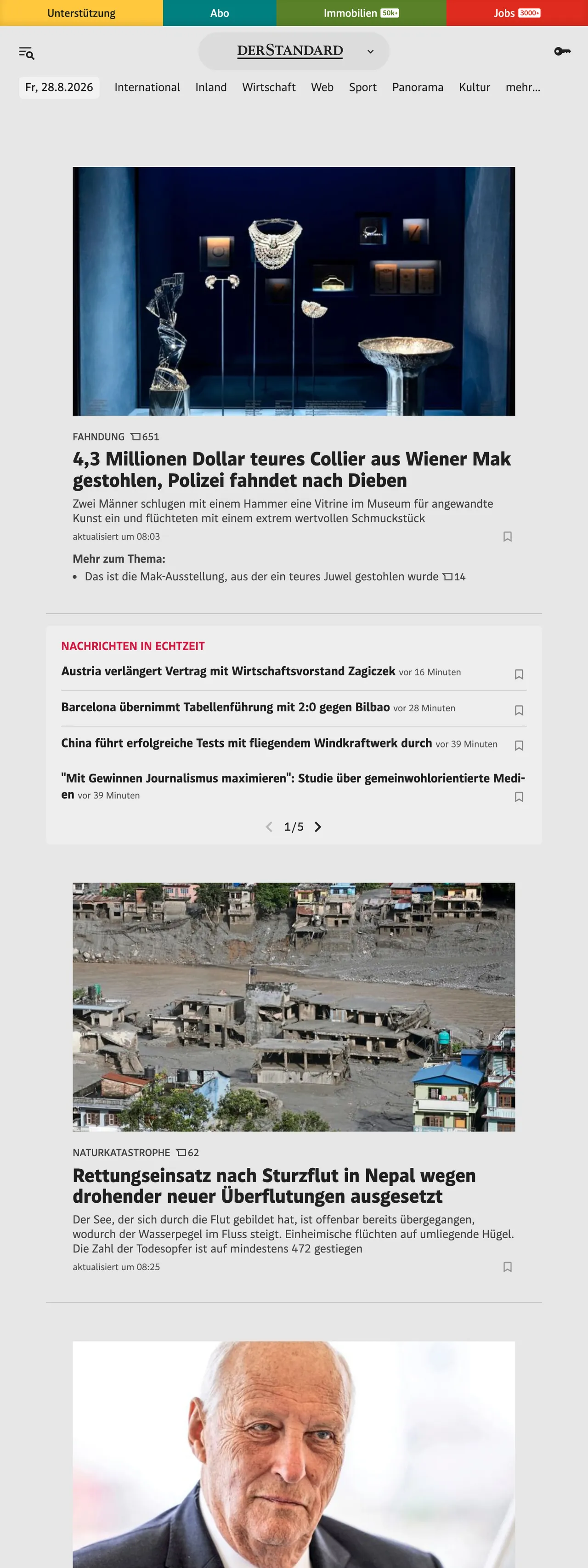 Screenshot of the DER STANDARD front page