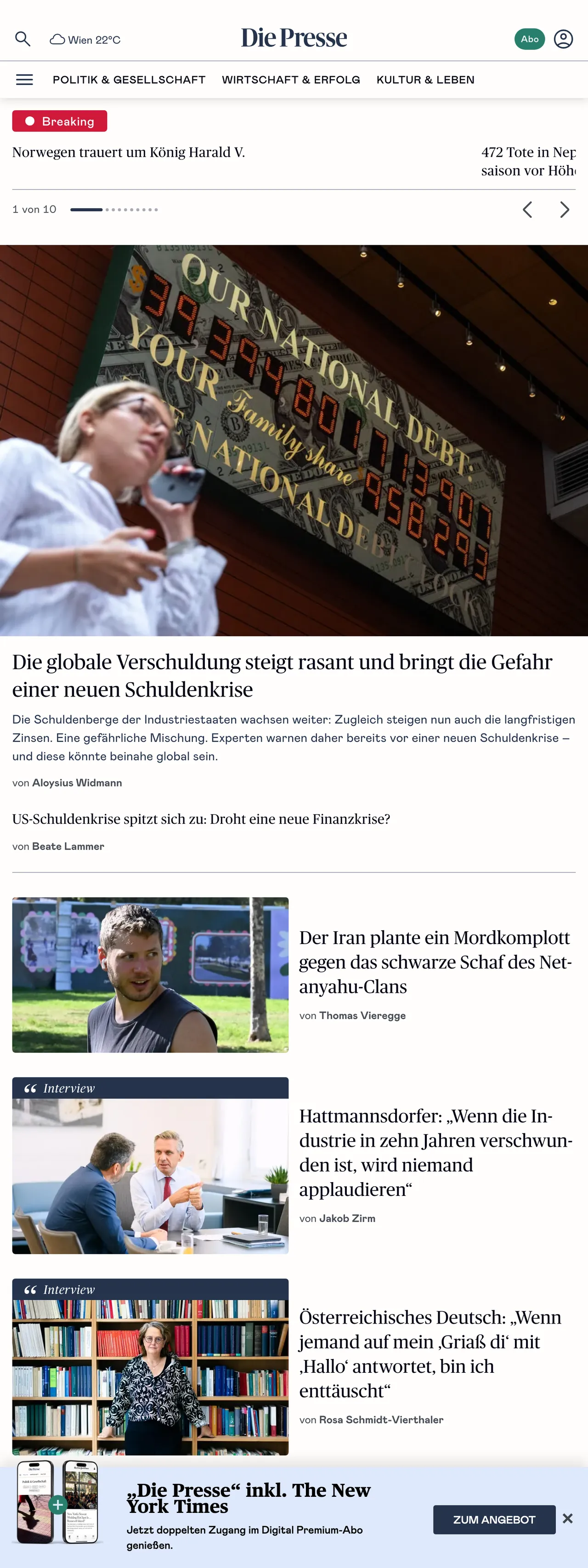 Screenshot of the Die Presse front page