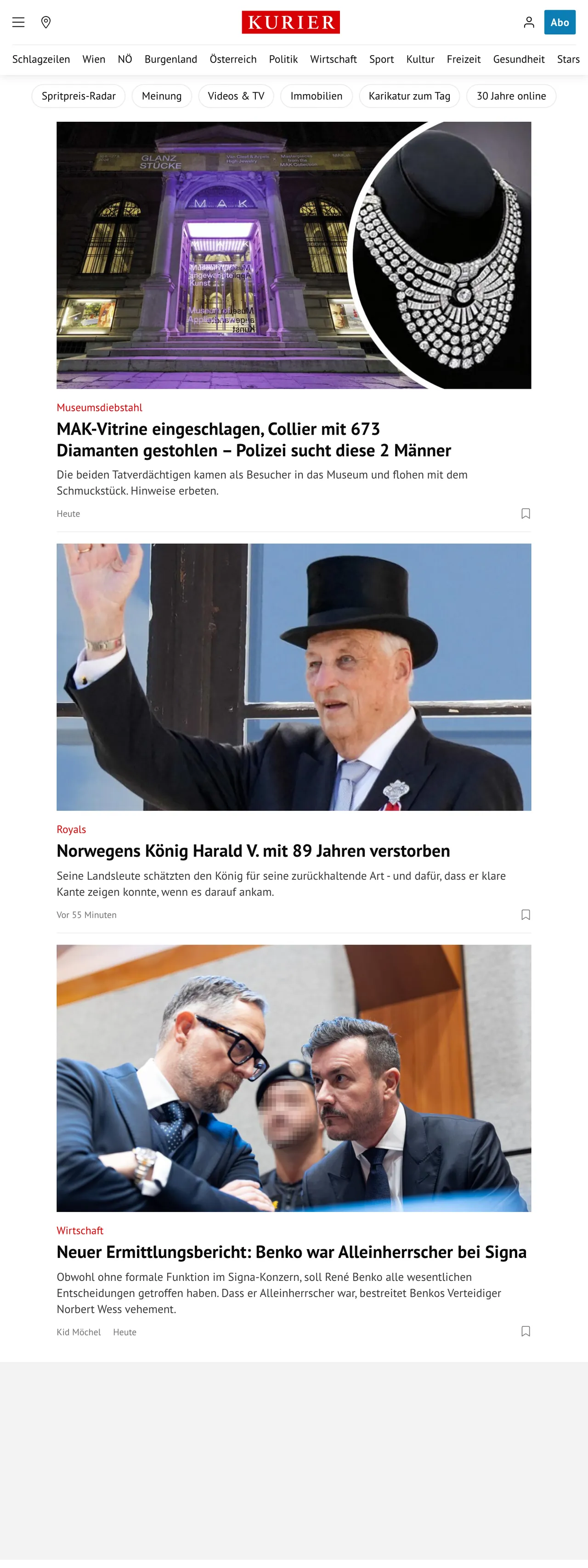 Screenshot of the Kurier front page
