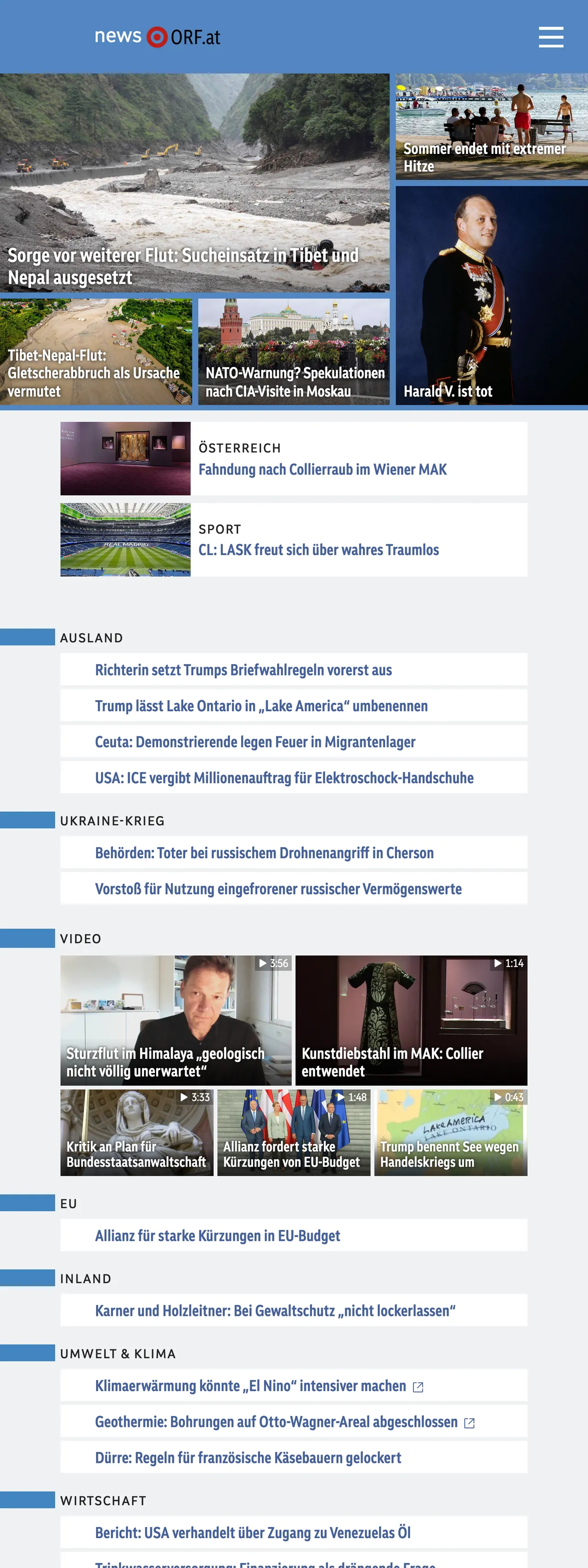Screenshot of the ORF front page