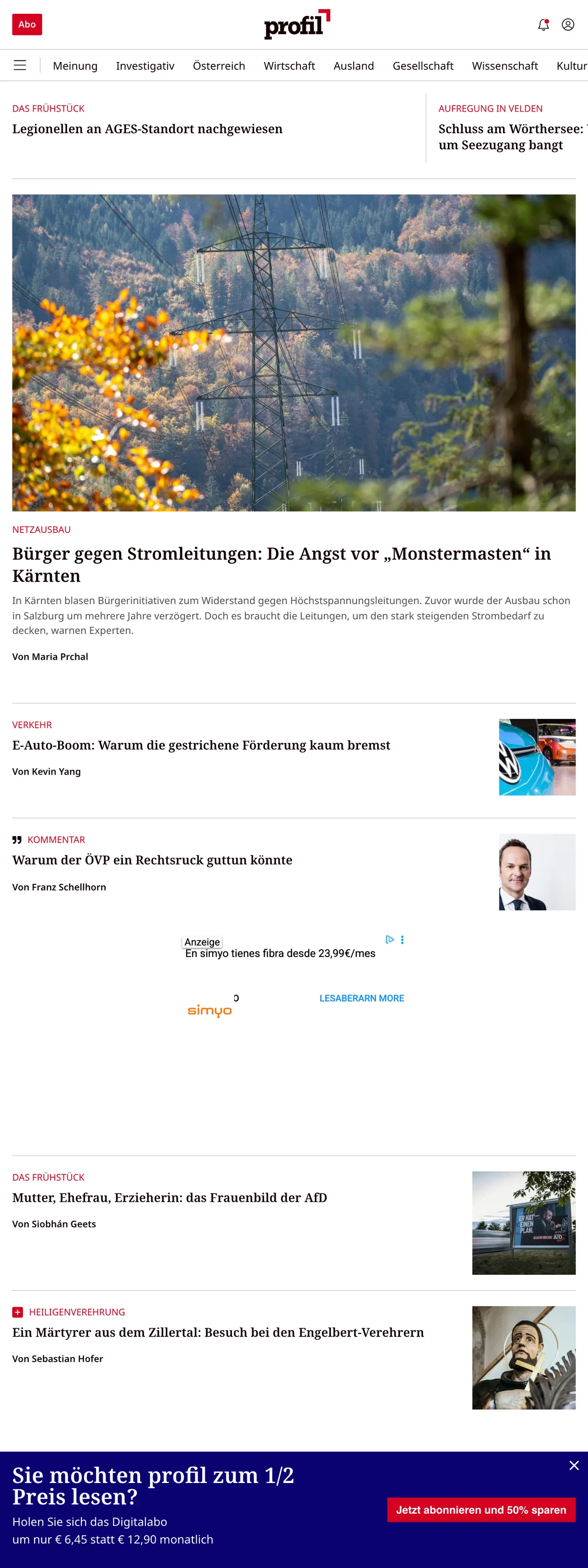 Screenshot of the profil front page