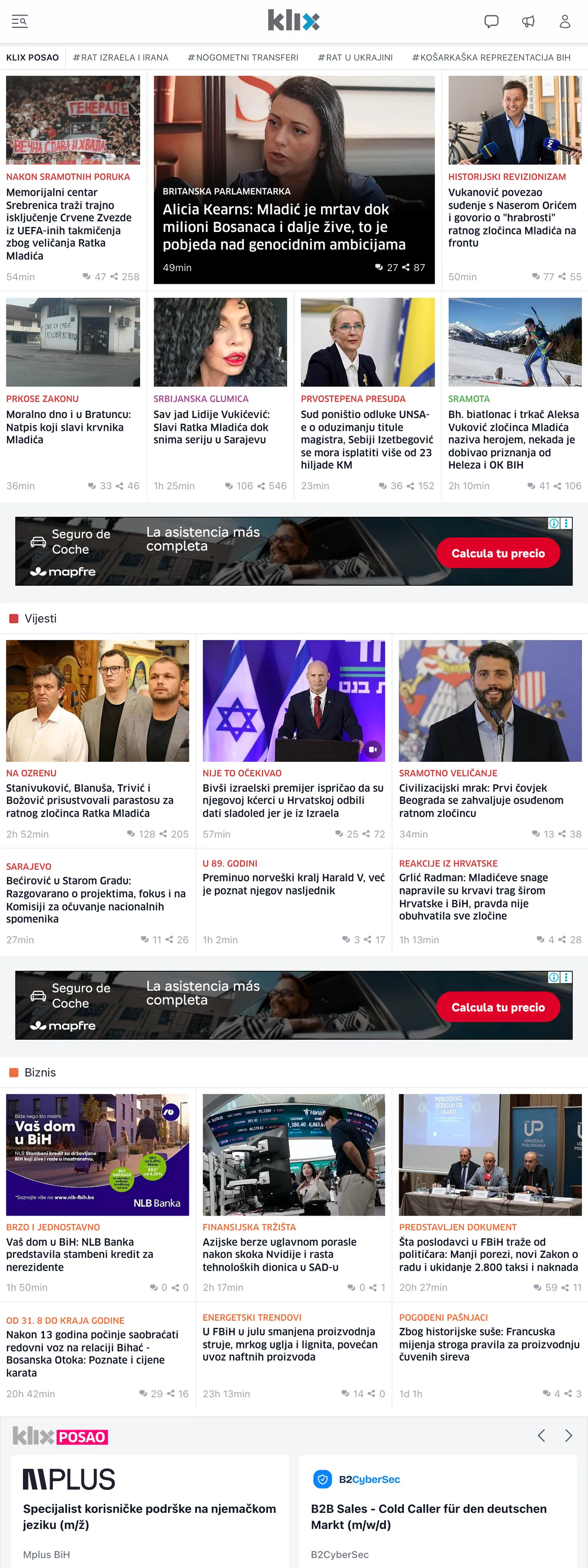 Screenshot of the Klix.ba front page