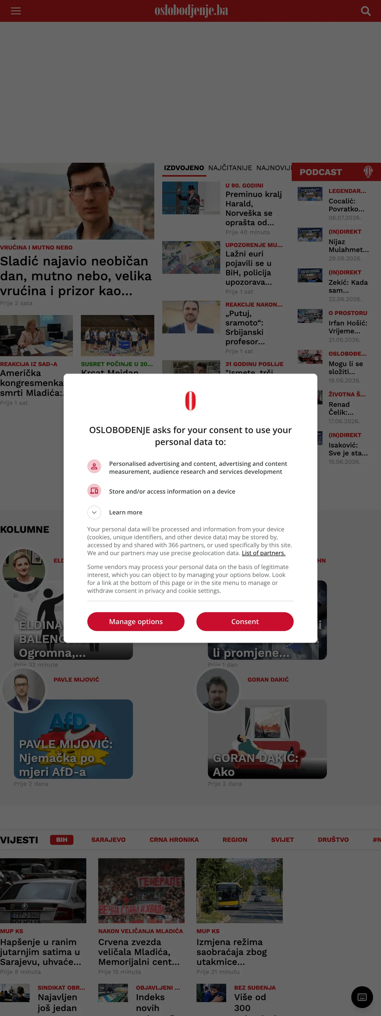 Screenshot of the Oslobođenje front page