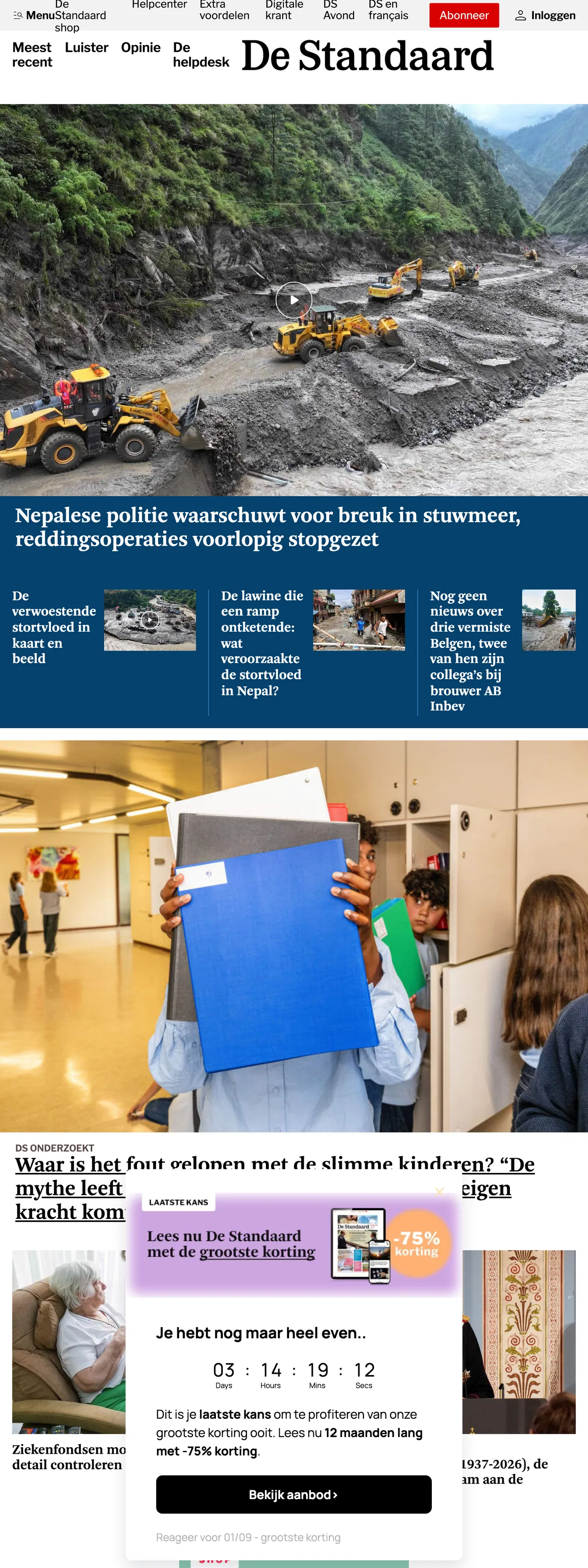 Screenshot of the De Standaard front page