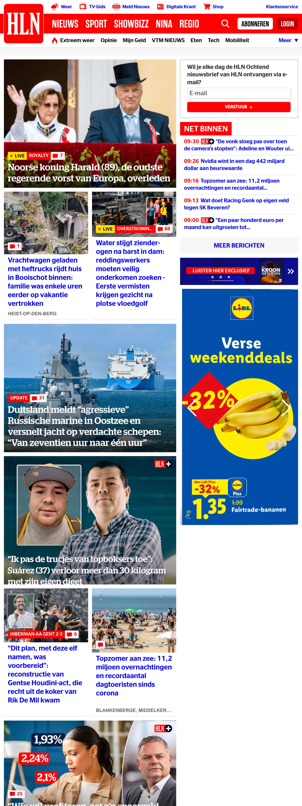 Screenshot of the HLN front page