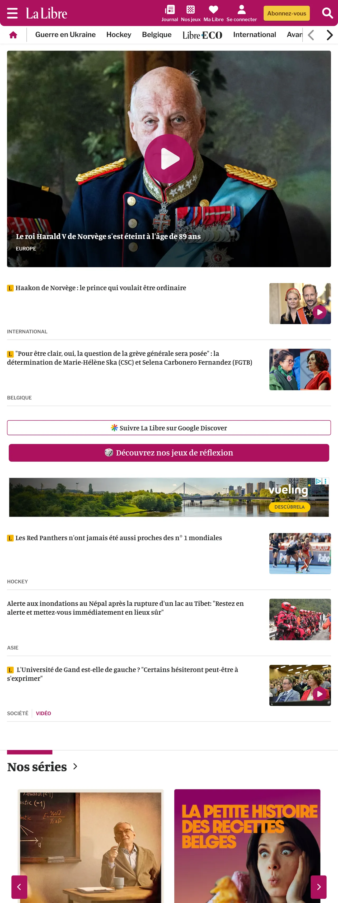 Screenshot of the La Libre front page