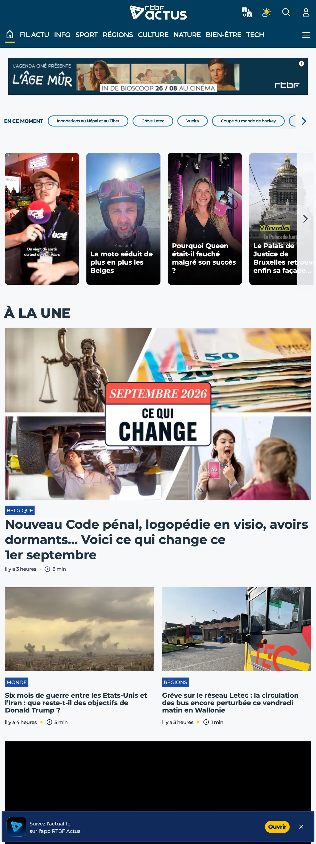 Screenshot of the RTBF front page