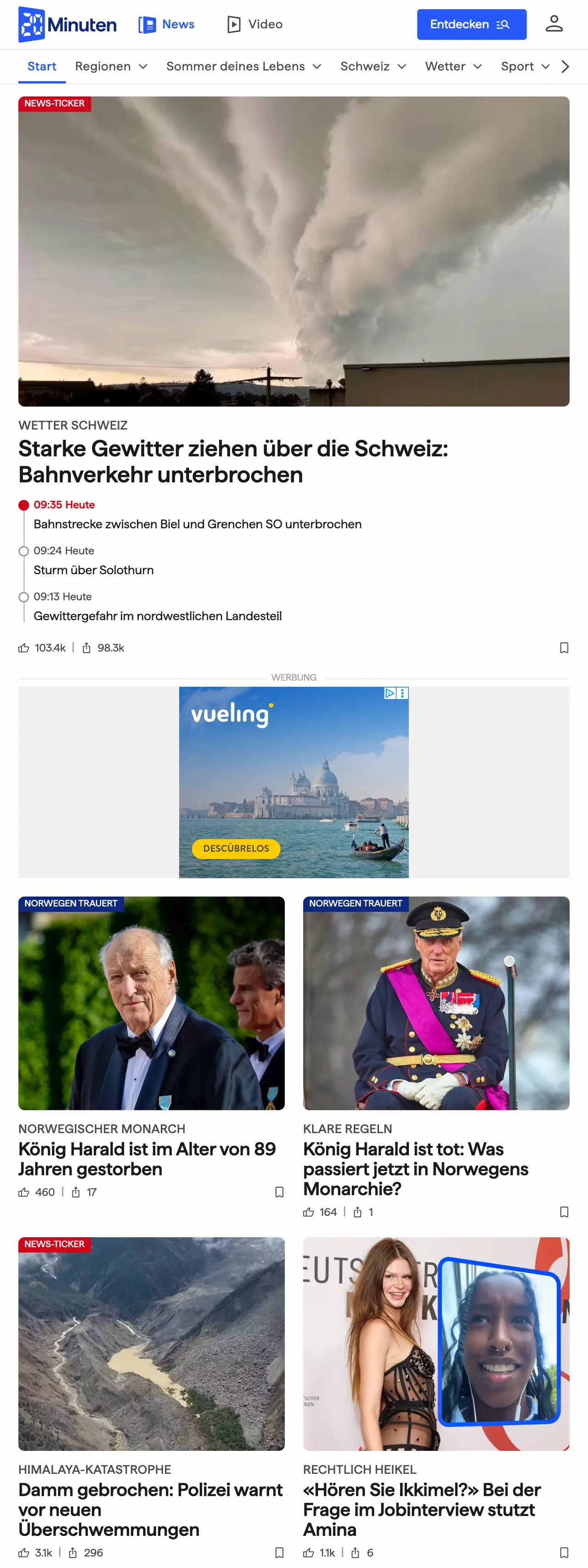 Screenshot of the 20 Minuten front page