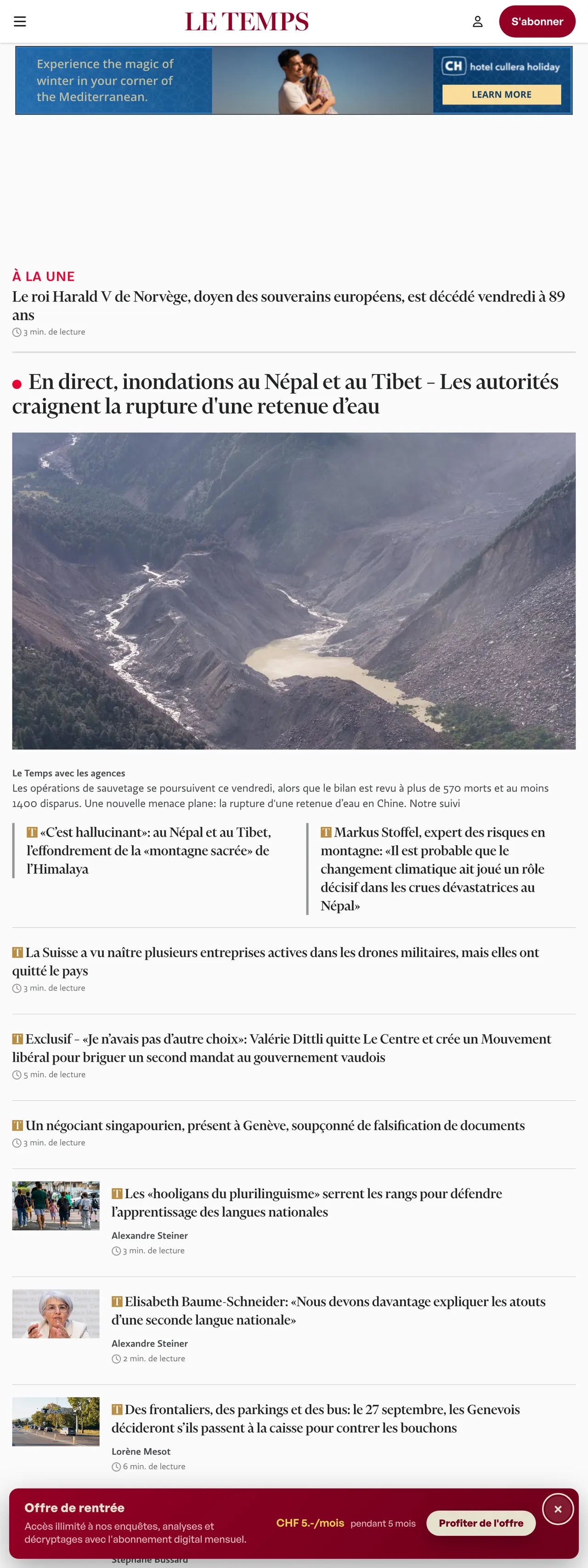 Screenshot of the Le Temps front page