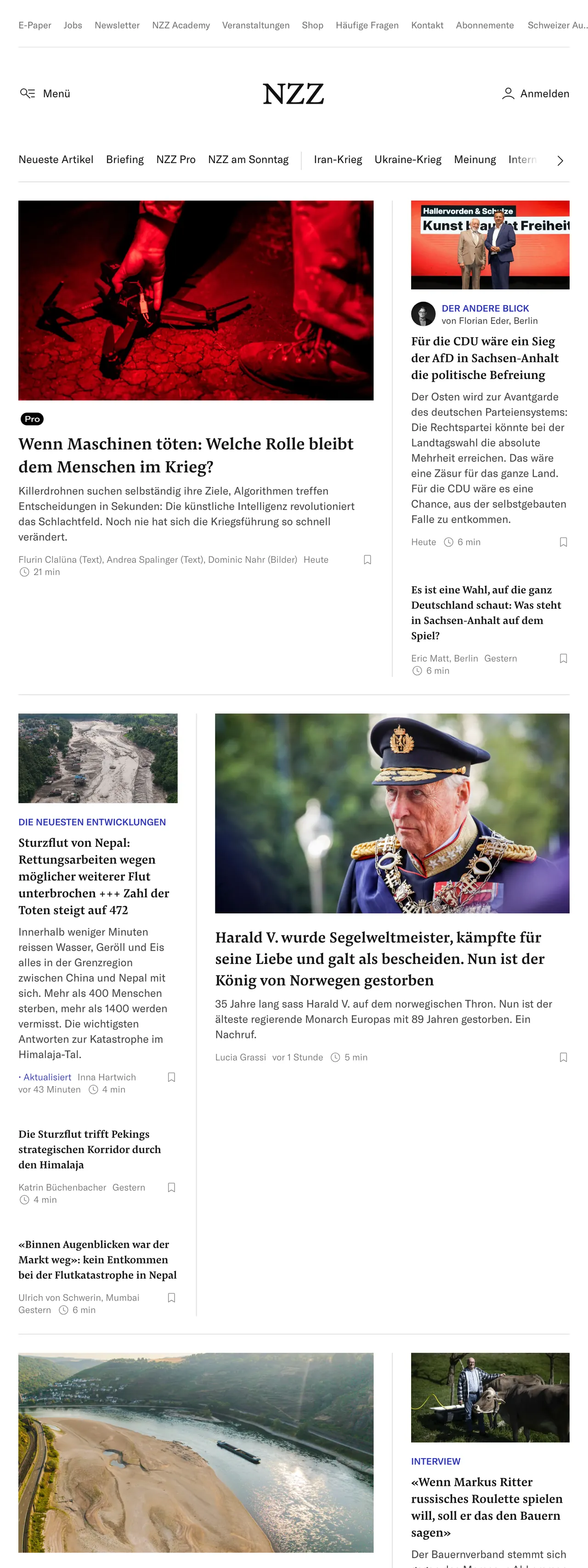 Screenshot of the Neue Zürcher Zeitung front page