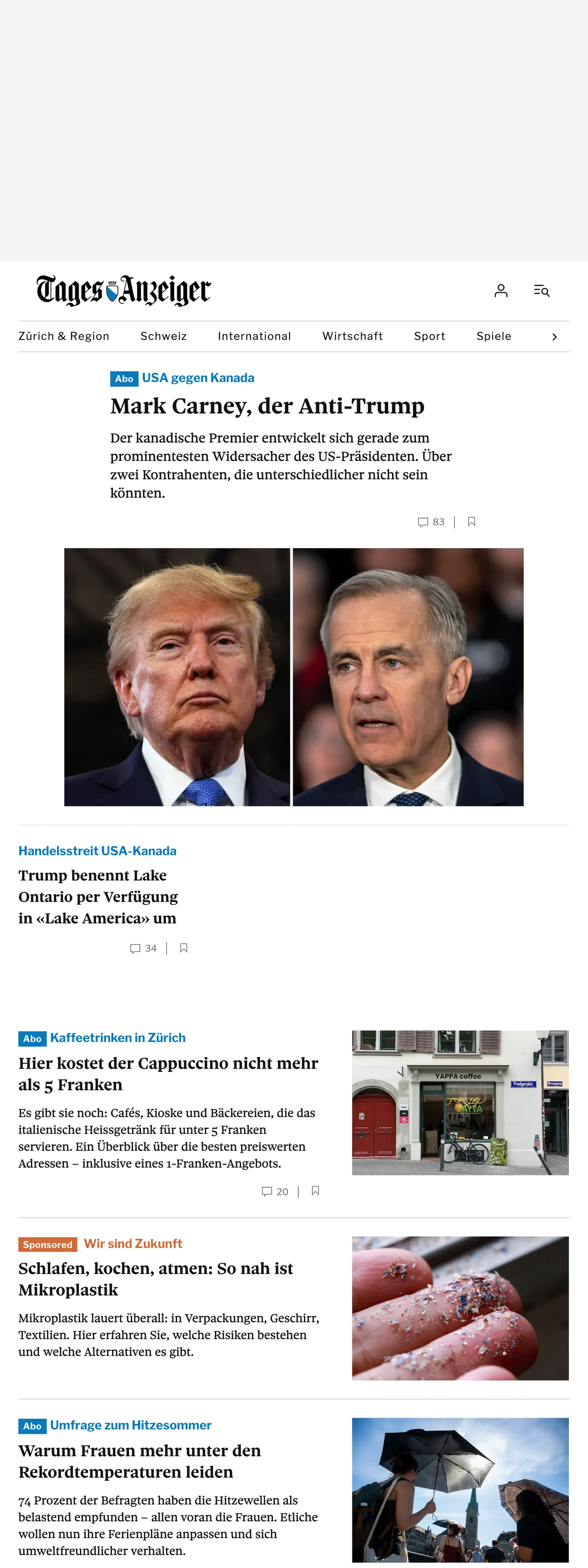 Screenshot of the Tages-Anzeiger front page