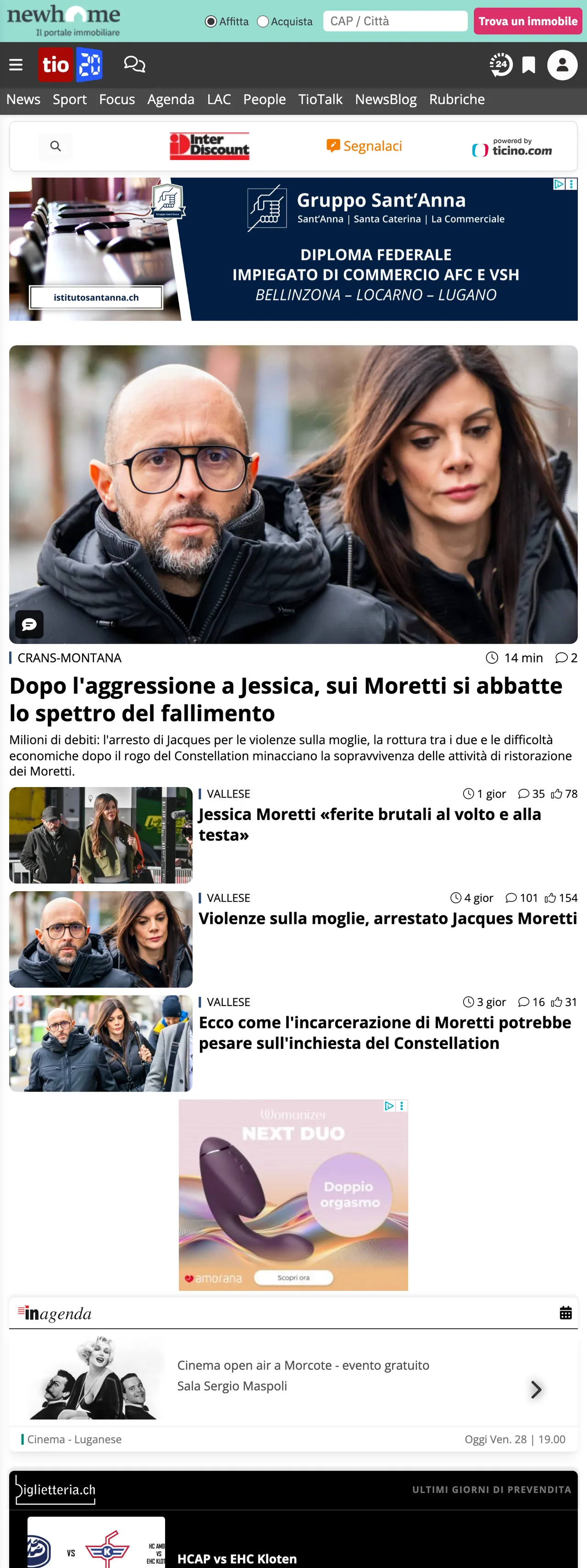 Screenshot of the Ticinonline front page