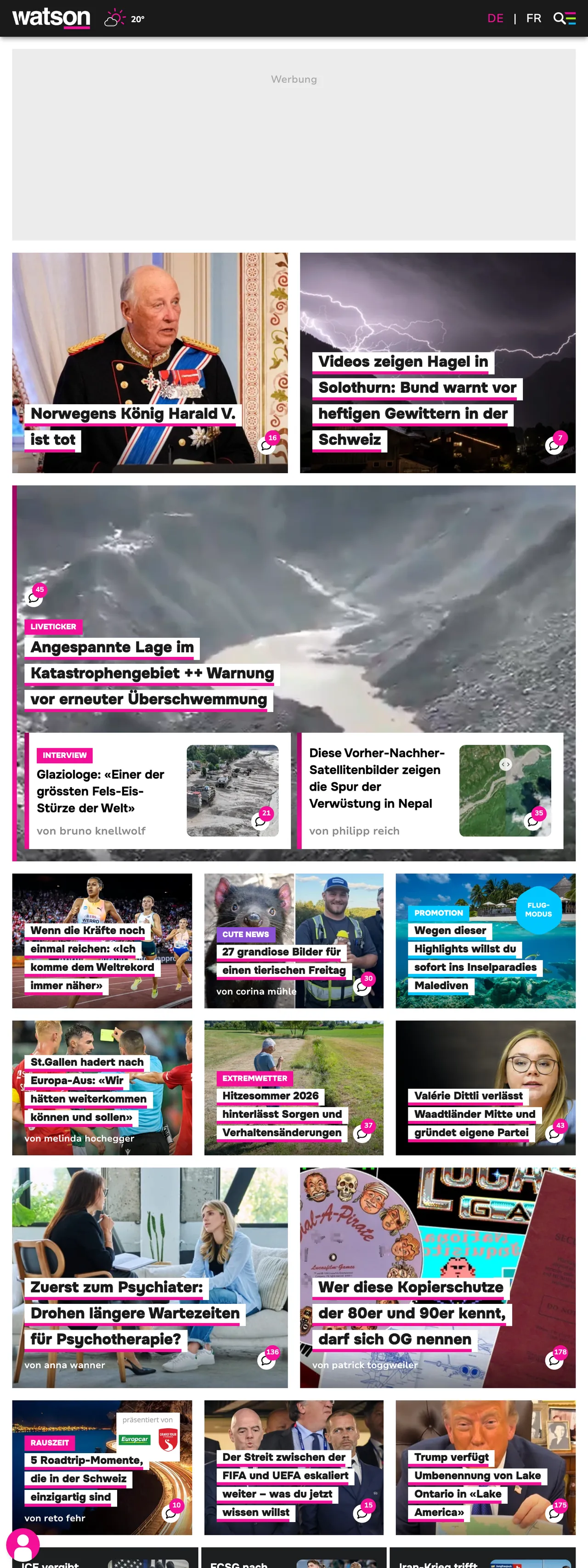 Screenshot of the watson front page