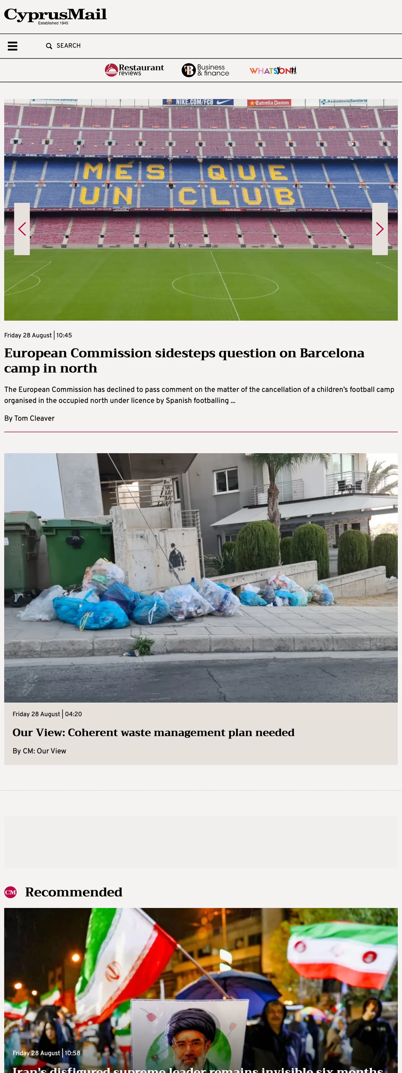 Screenshot of the Cyprus Mail front page