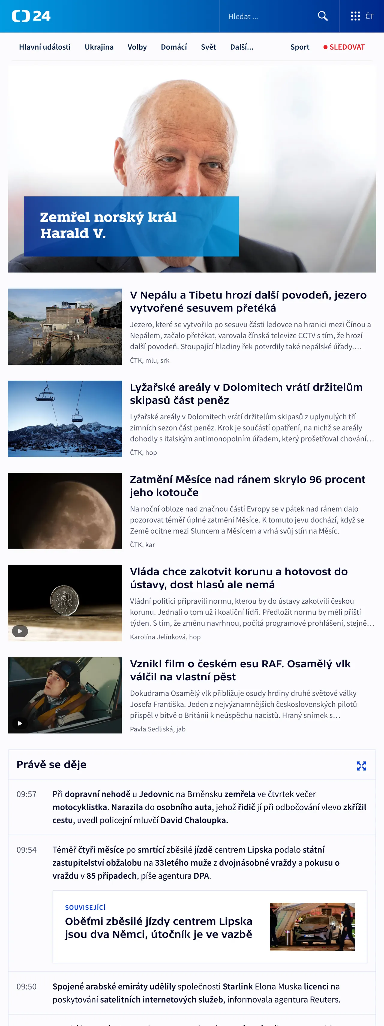 Screenshot of the ČT24 front page