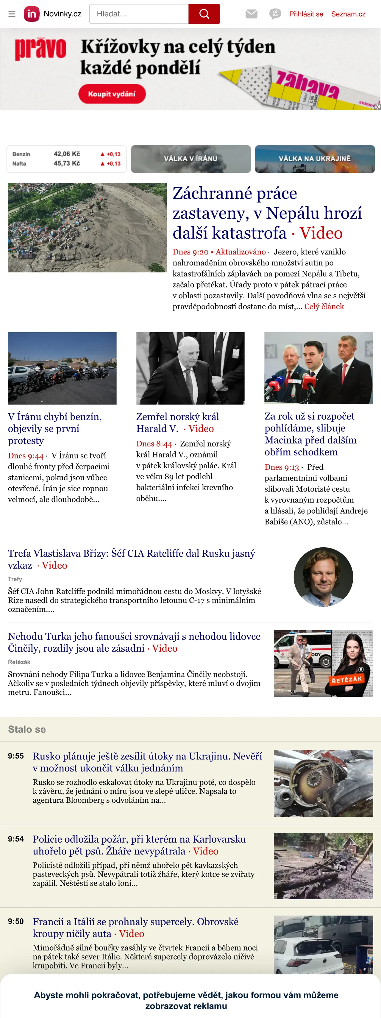 Screenshot of the Novinky.cz front page
