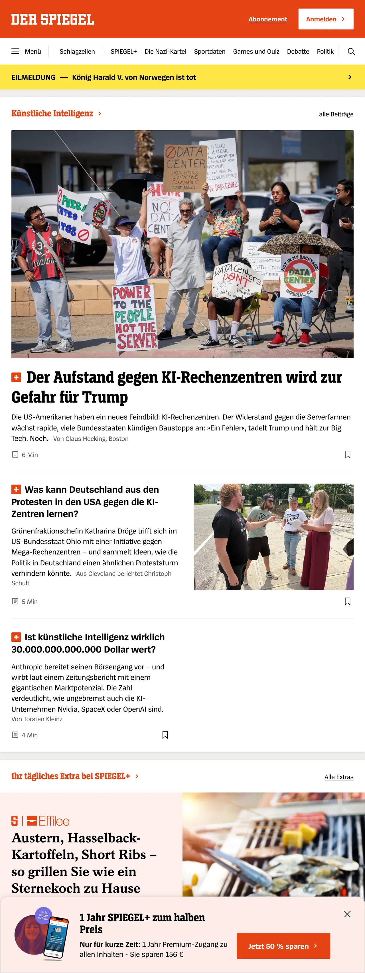 Screenshot of the DER SPIEGEL front page