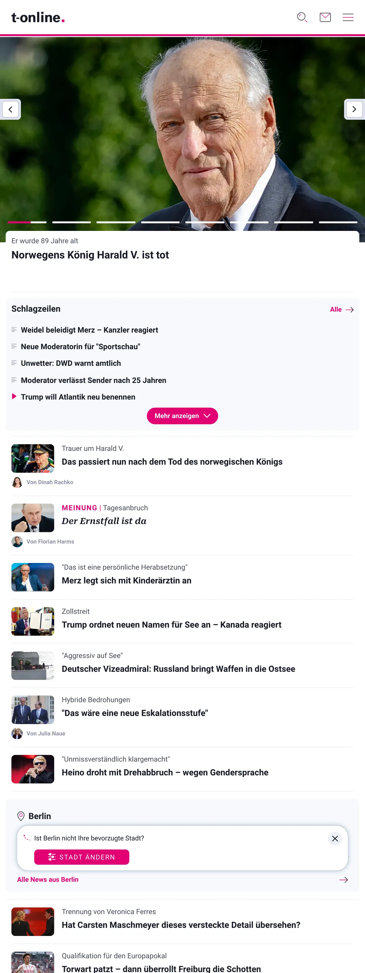 Screenshot of the t-online front page
