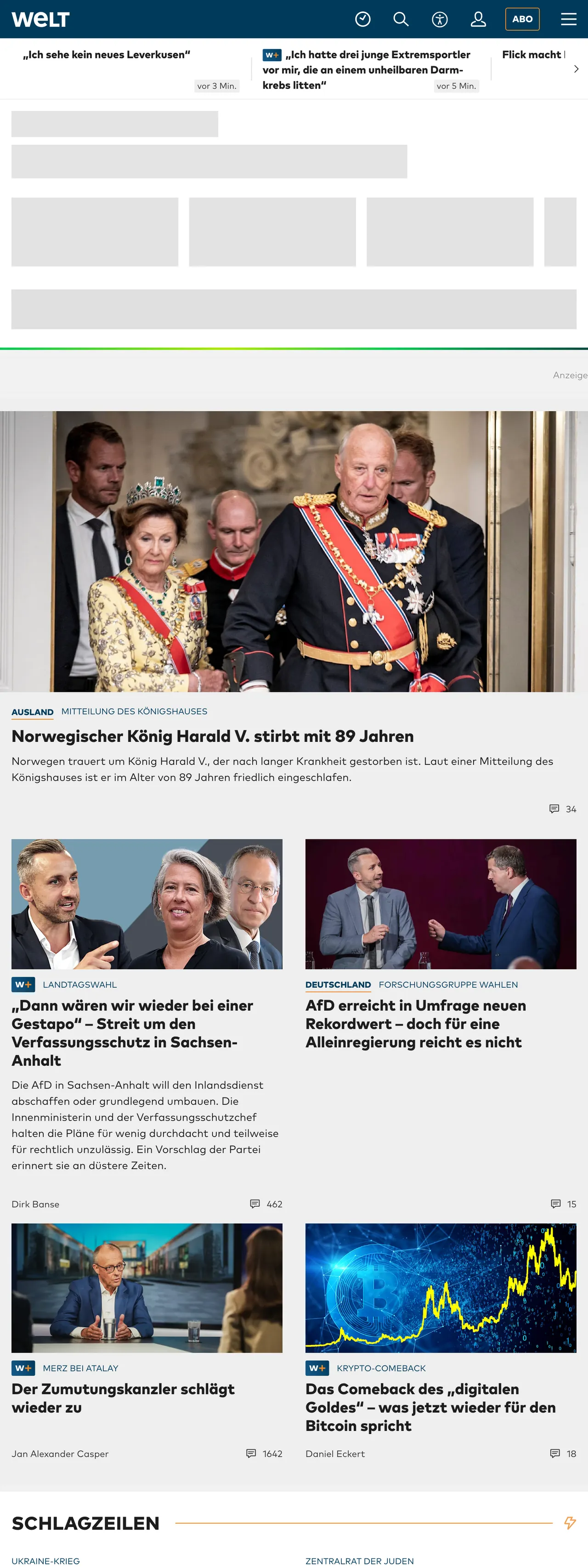 Screenshot of the WELT front page