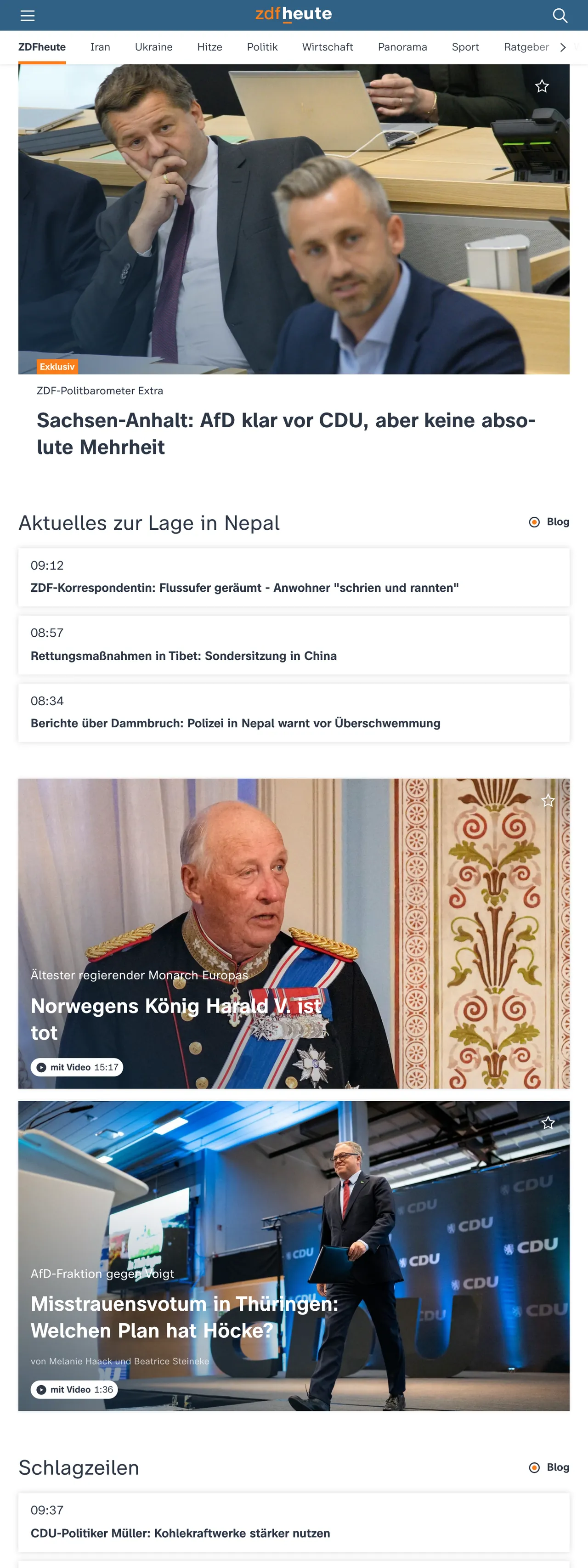 Screenshot of the ZDFheute front page