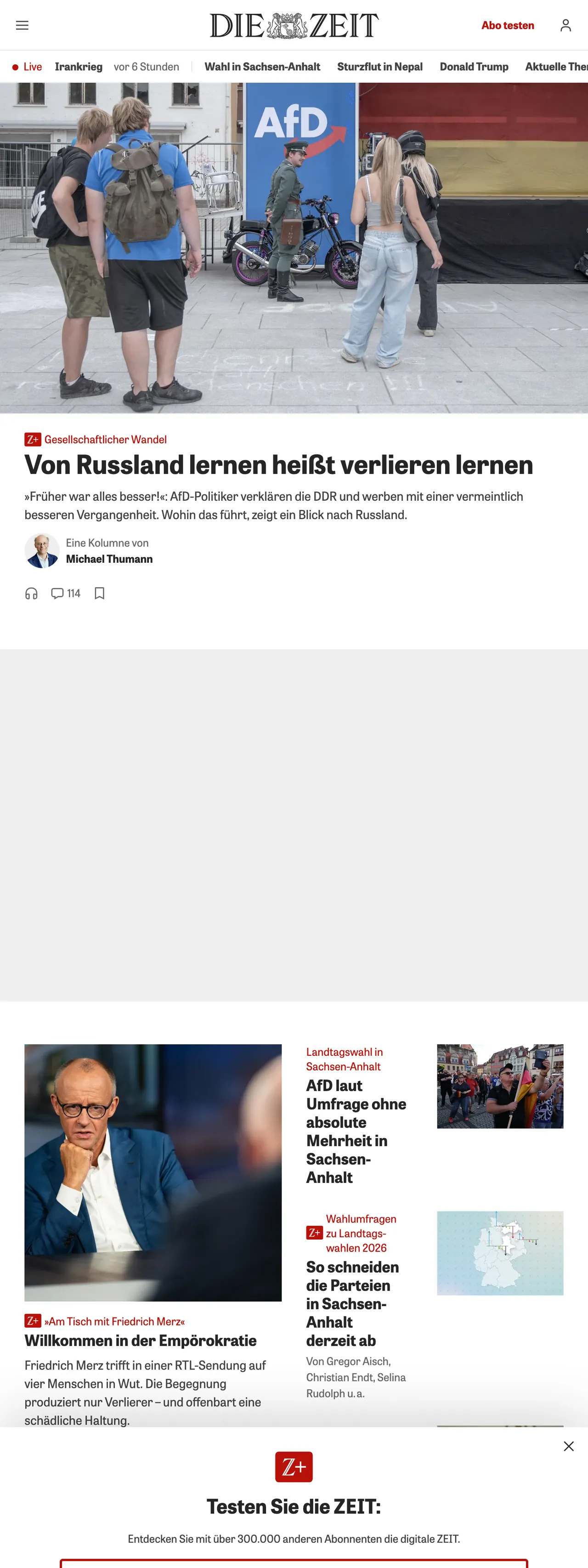 Screenshot of the ZEIT ONLINE front page