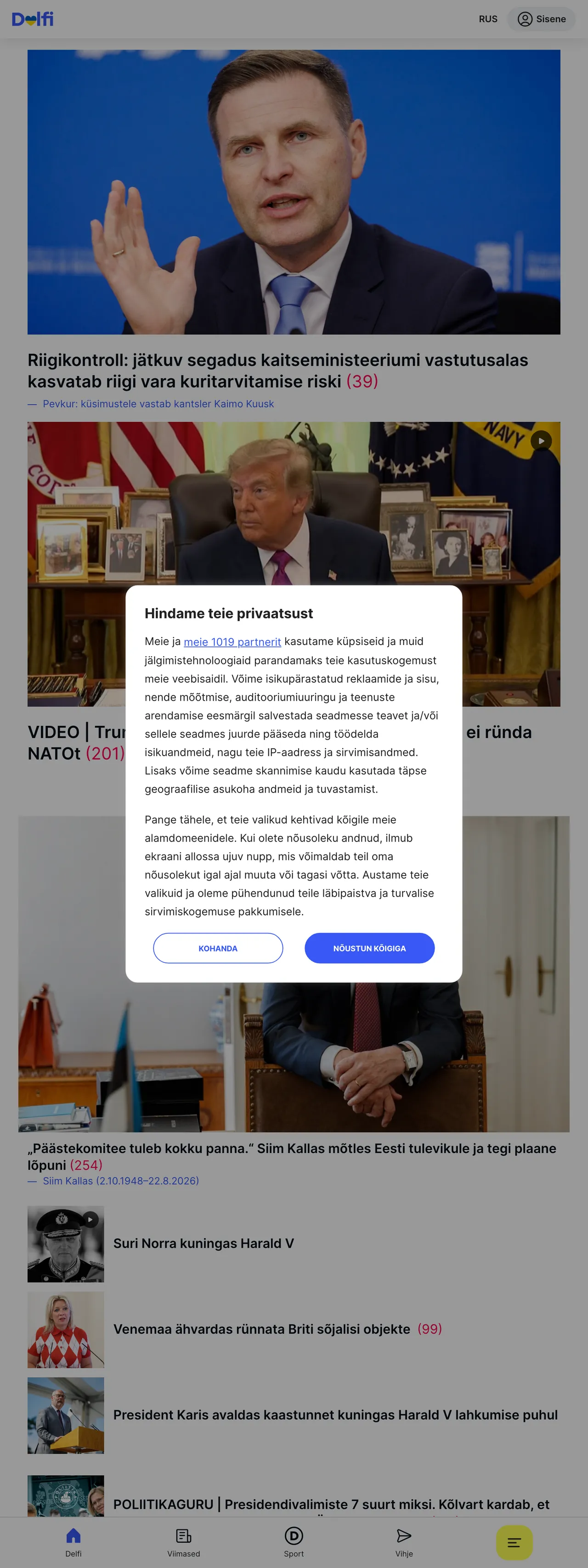 Screenshot of the Delfi front page