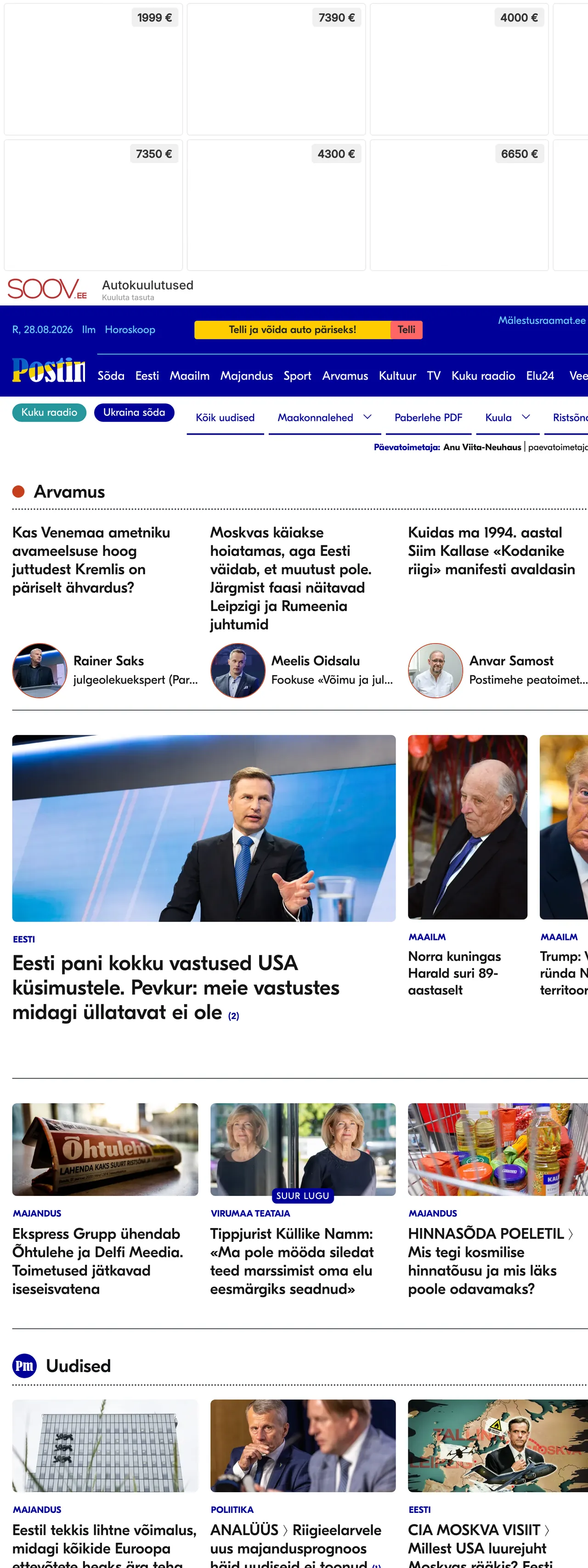 Screenshot of the Postimees front page