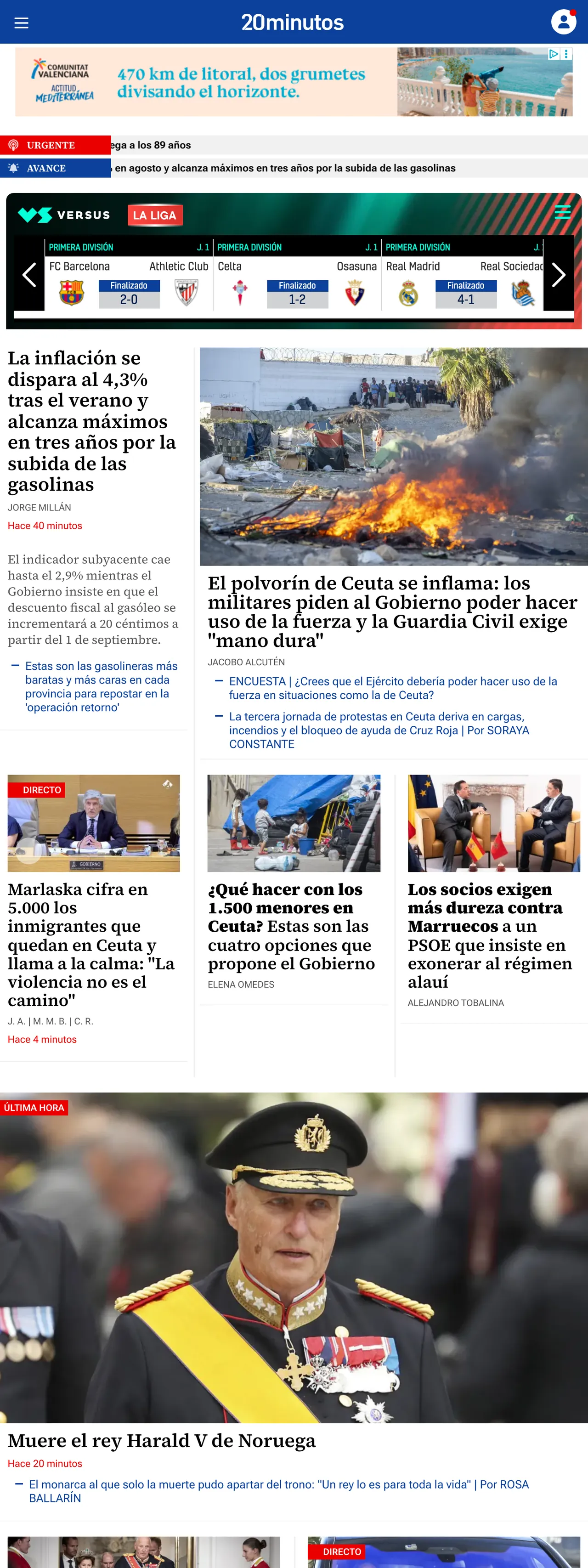 Screenshot of the 20minutos front page