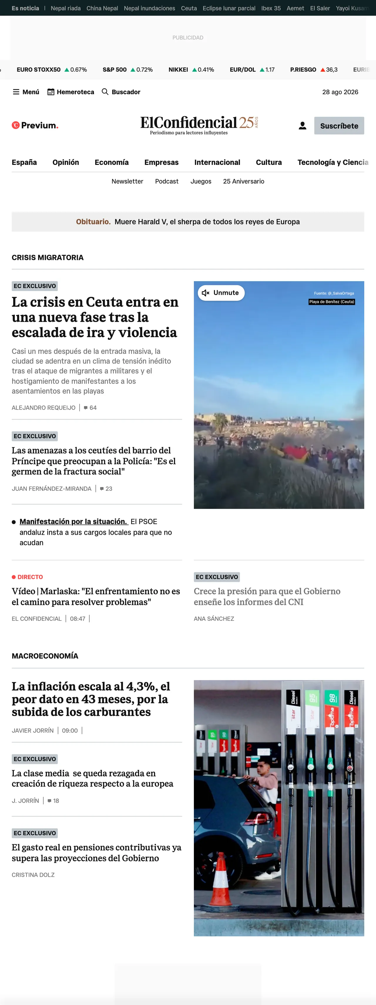 Screenshot of the El Confidencial front page