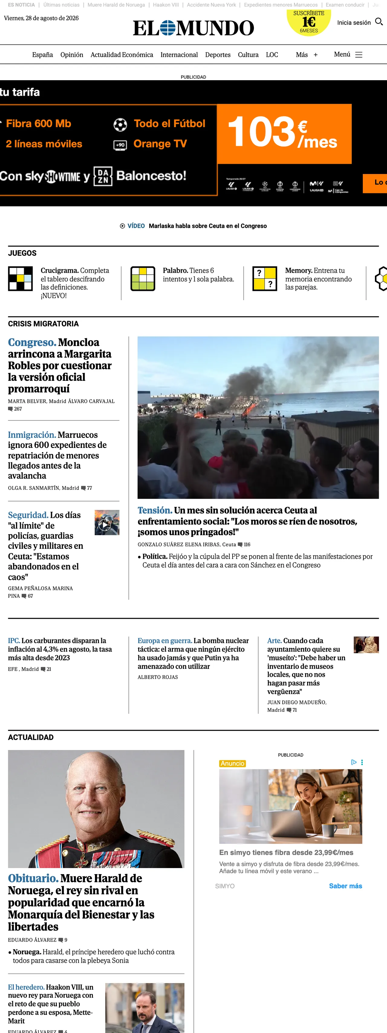 Screenshot of the El Mundo front page