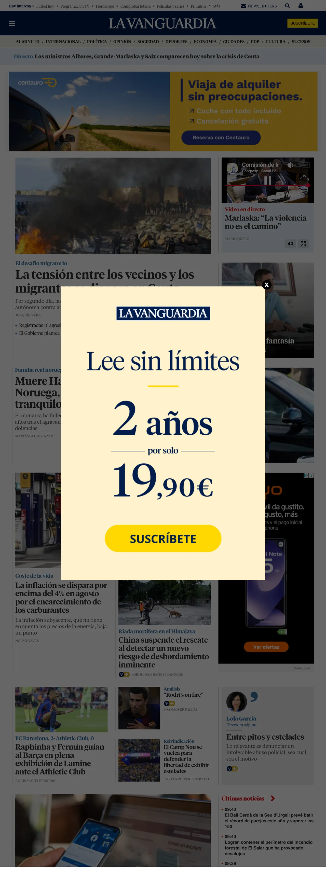 Screenshot of the La Vanguardia front page