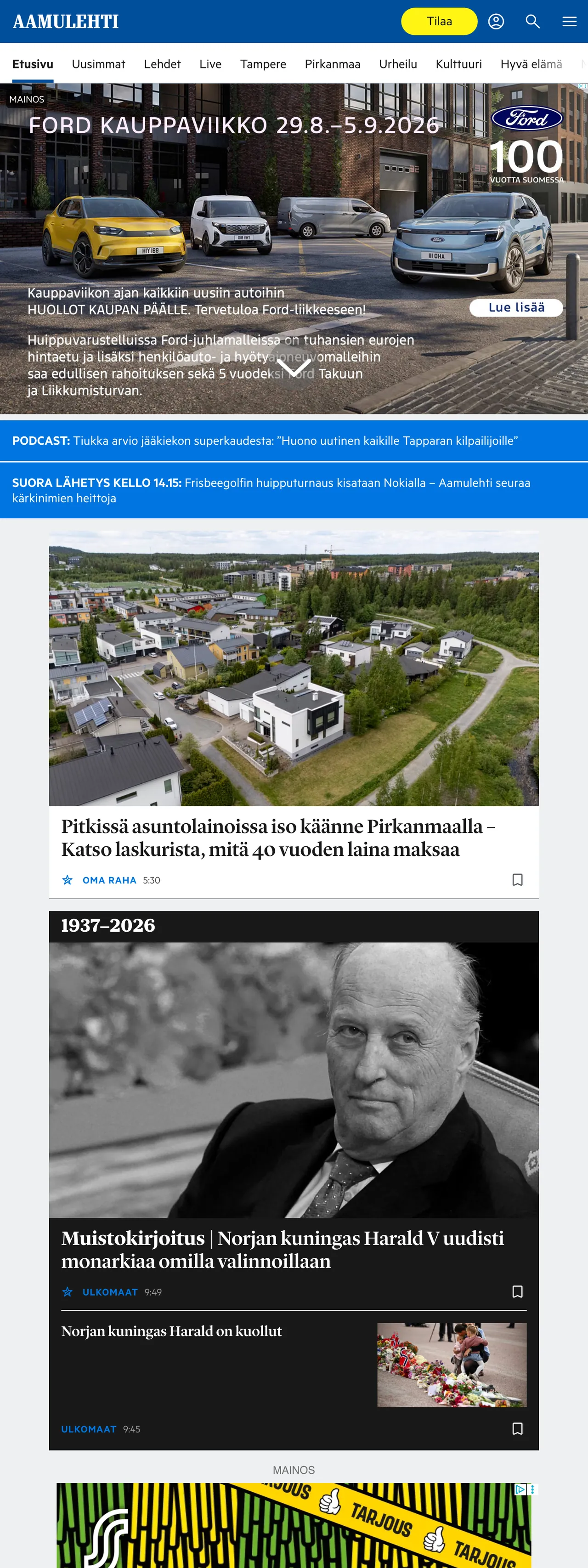 Screenshot of the Aamulehti front page