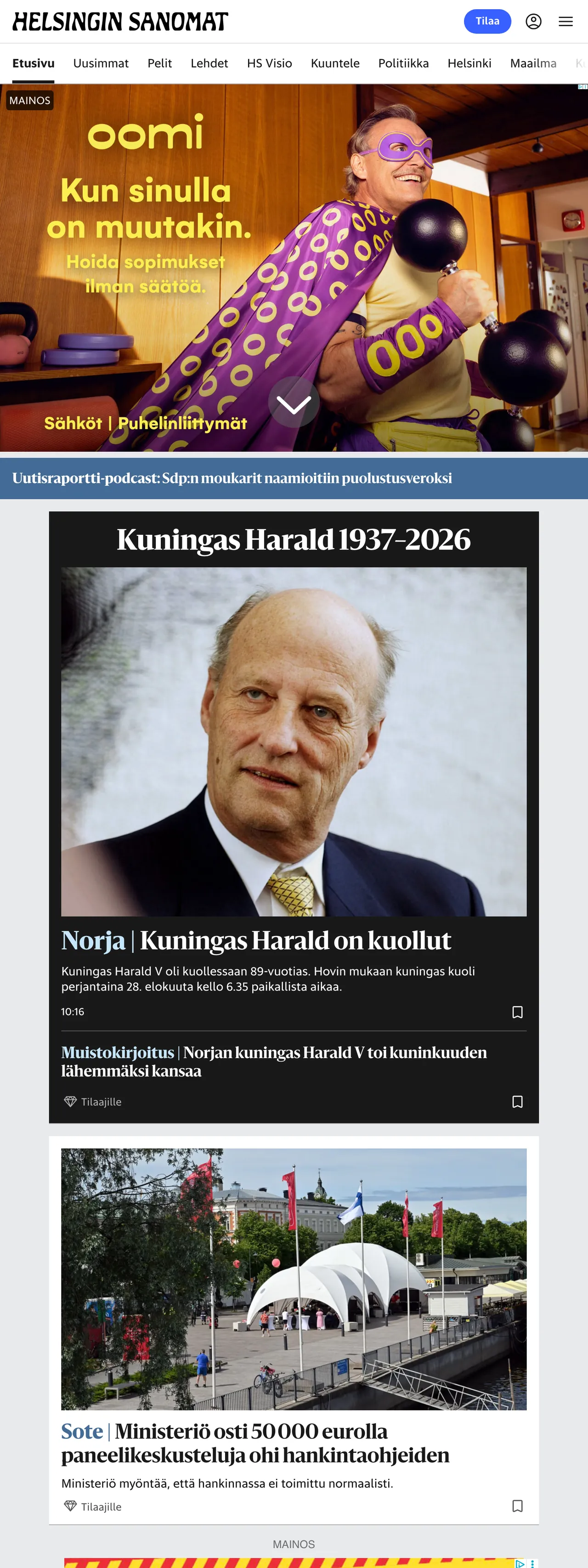 Screenshot of the Helsingin Sanomat front page