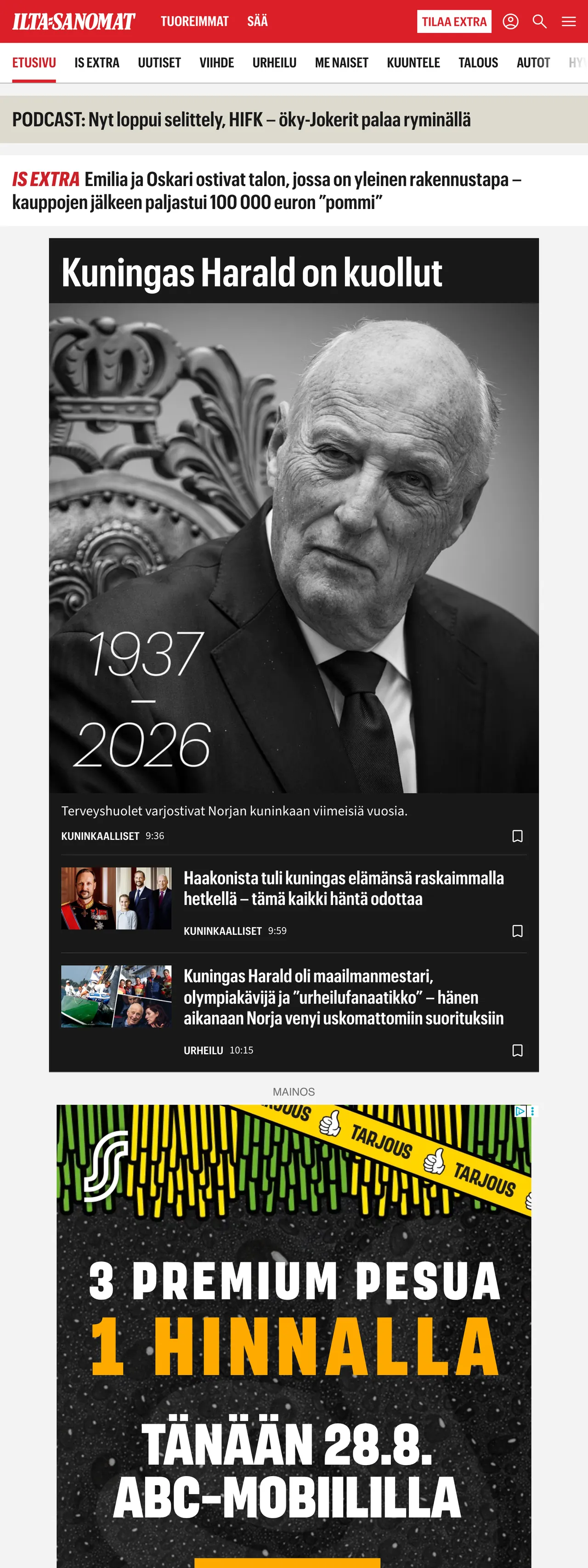 Screenshot of the Ilta-Sanomat front page
