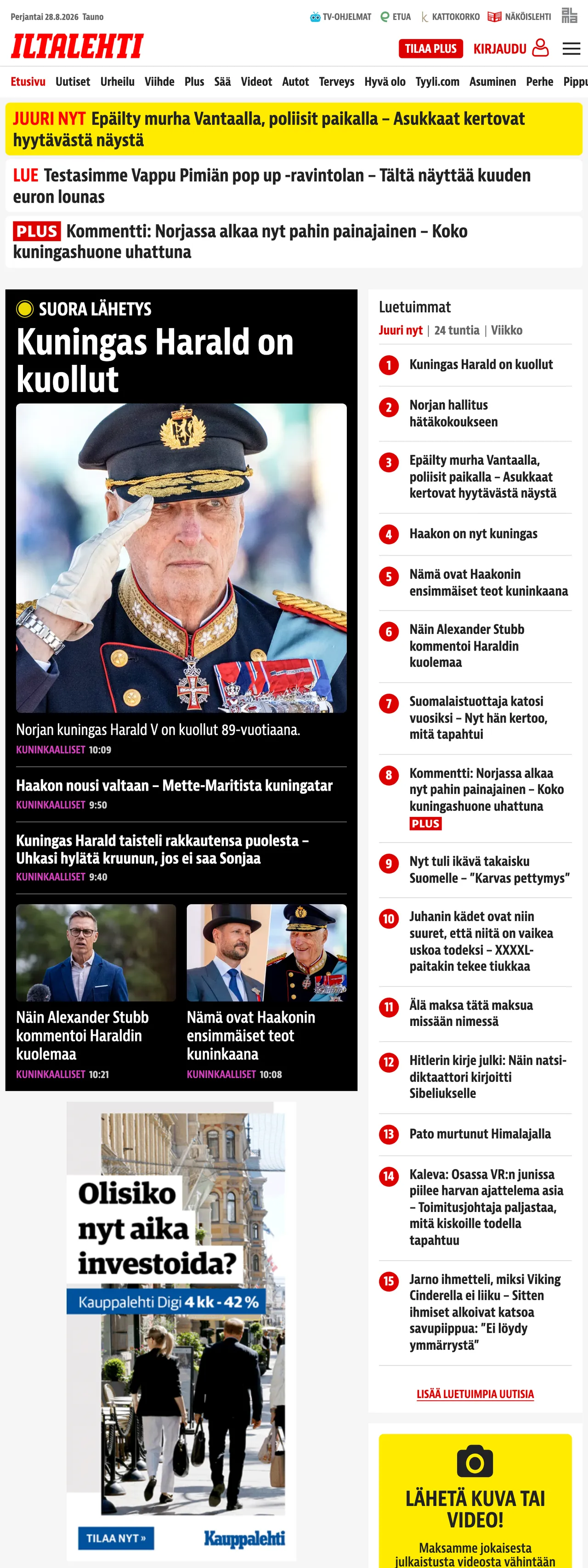 Screenshot of the Iltalehti front page