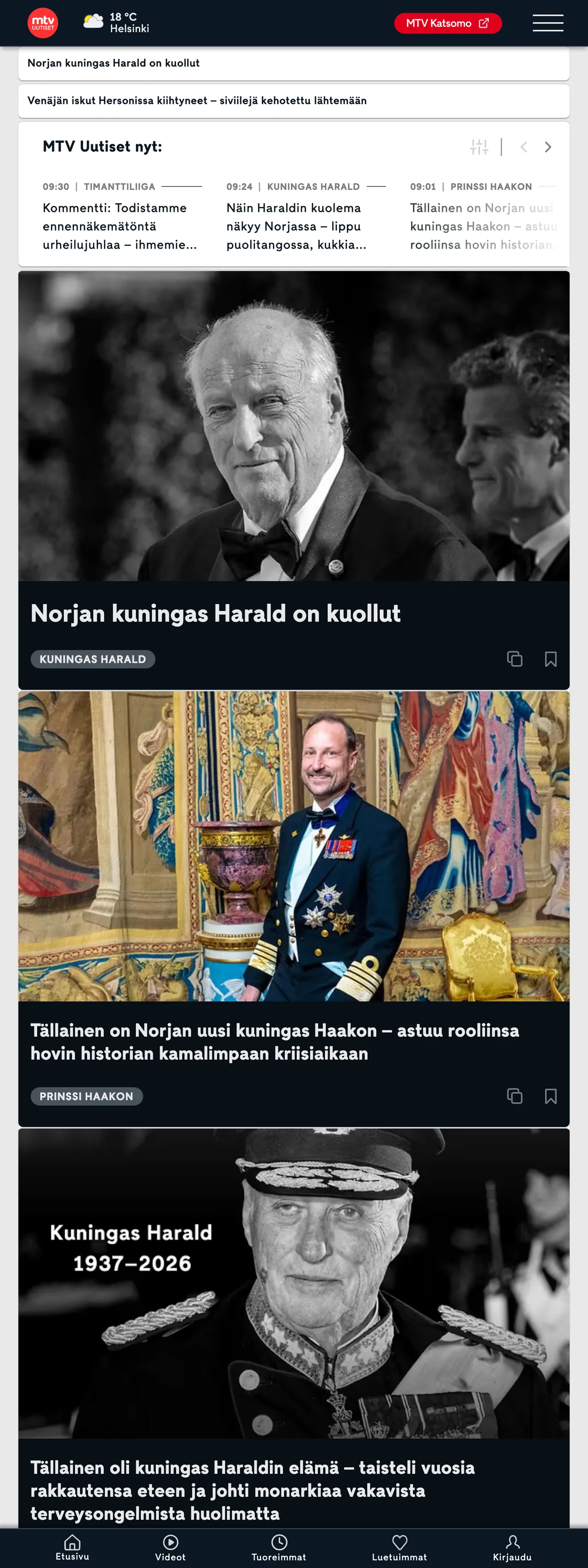 Screenshot of the MTV Uutiset front page
