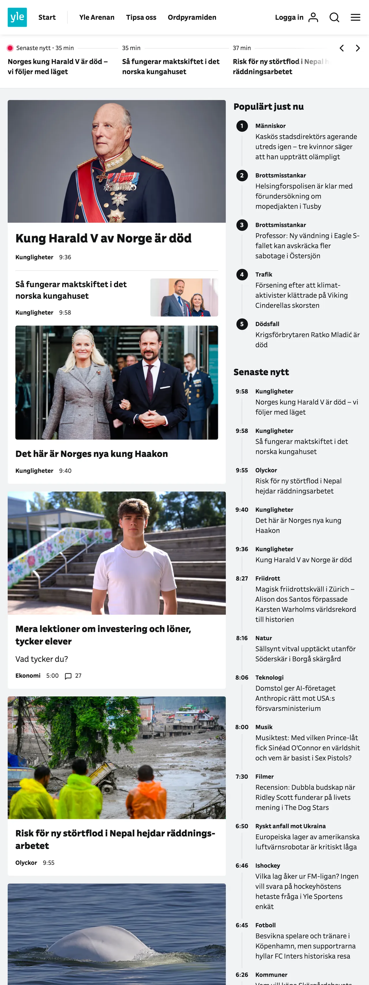 Screenshot of the Svenska Yle front page