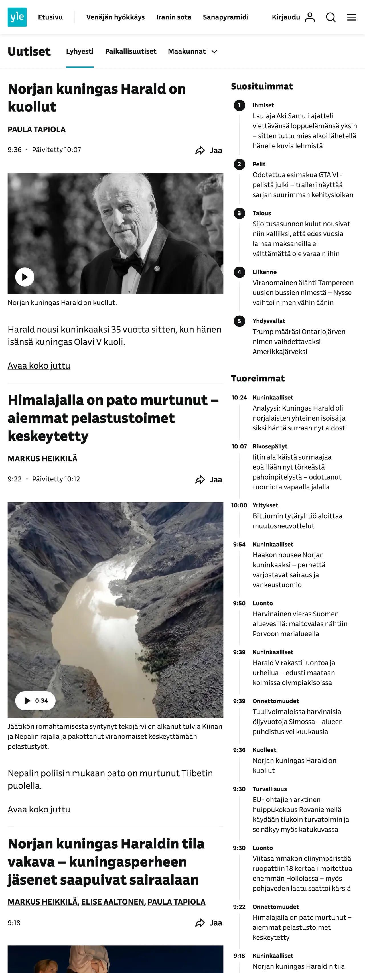 Screenshot of the Yle front page