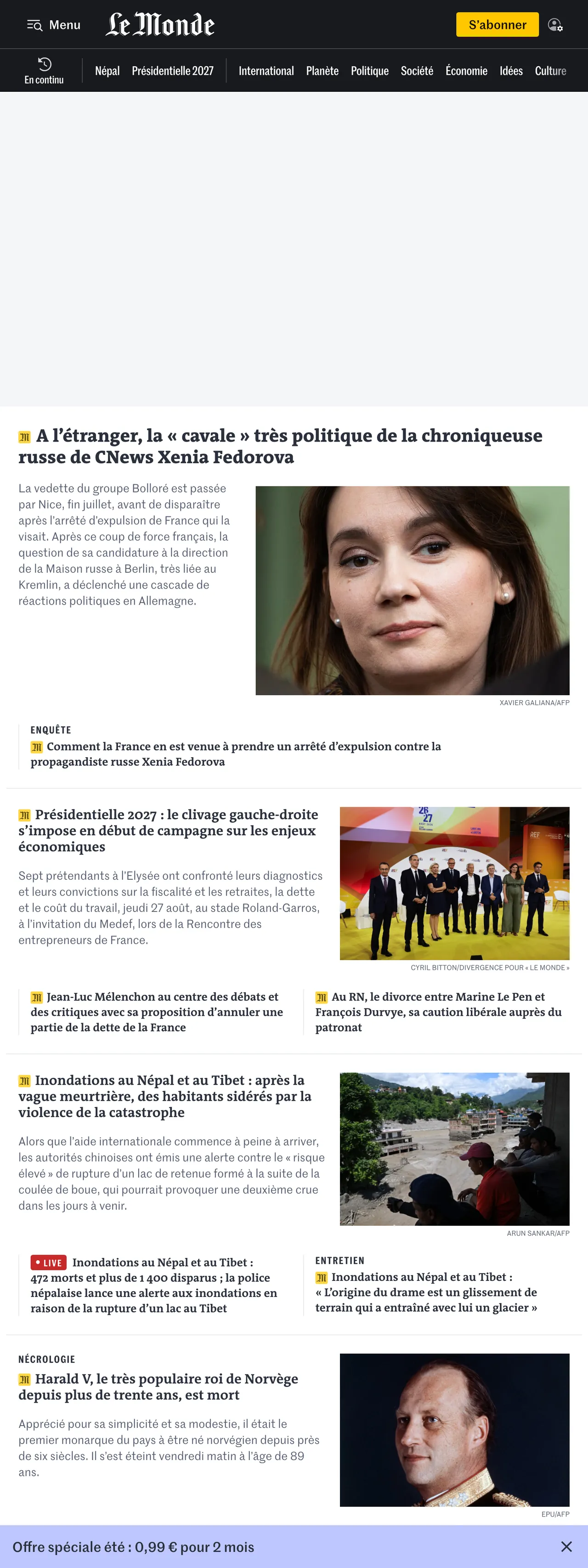 Screenshot of the Le Monde front page