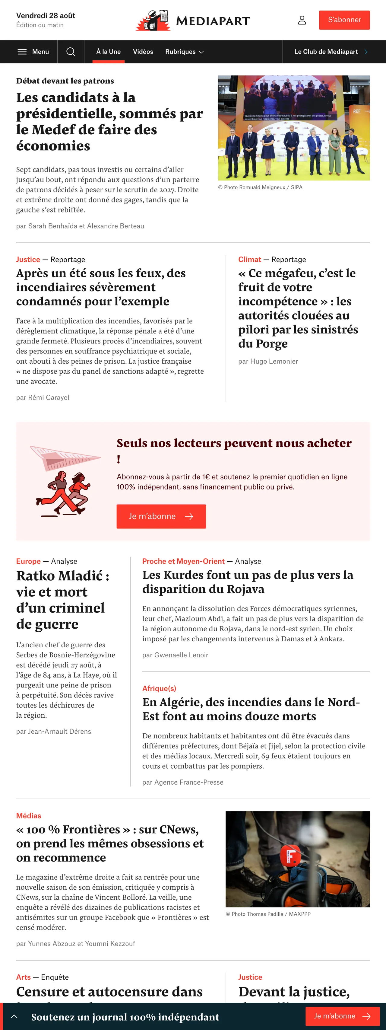 Screenshot of the Mediapart front page