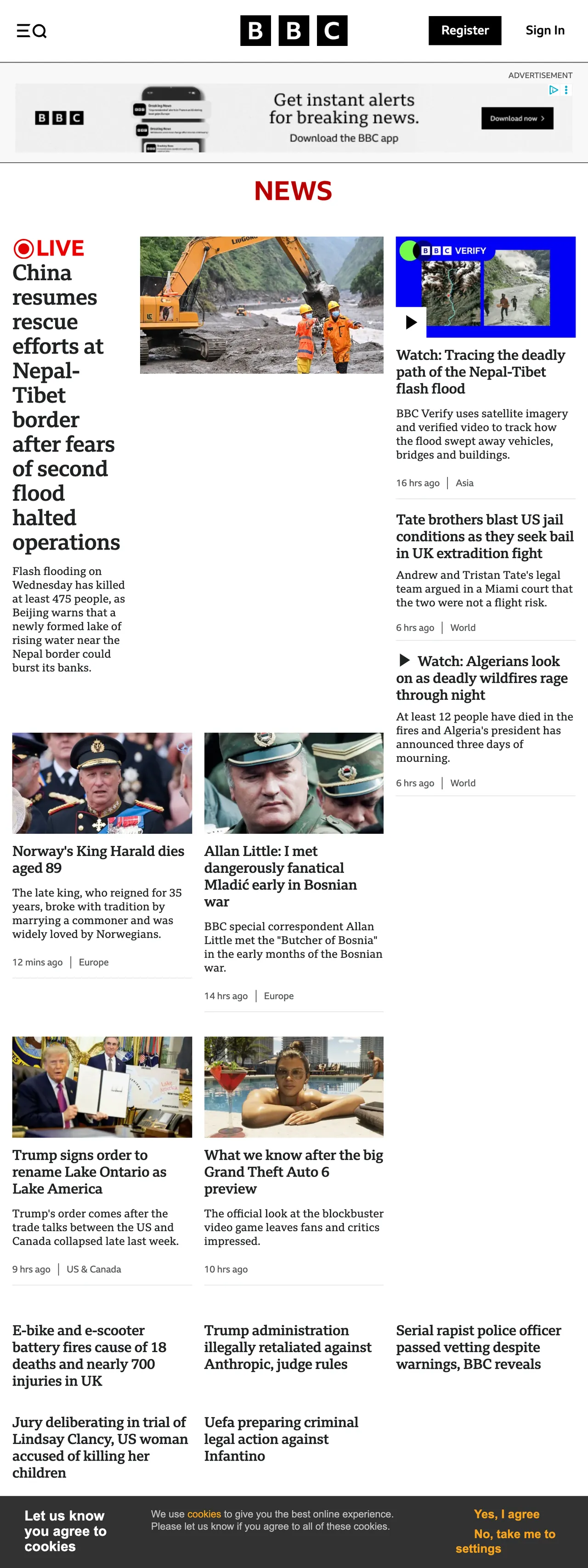 Screenshot of the BBC News front page