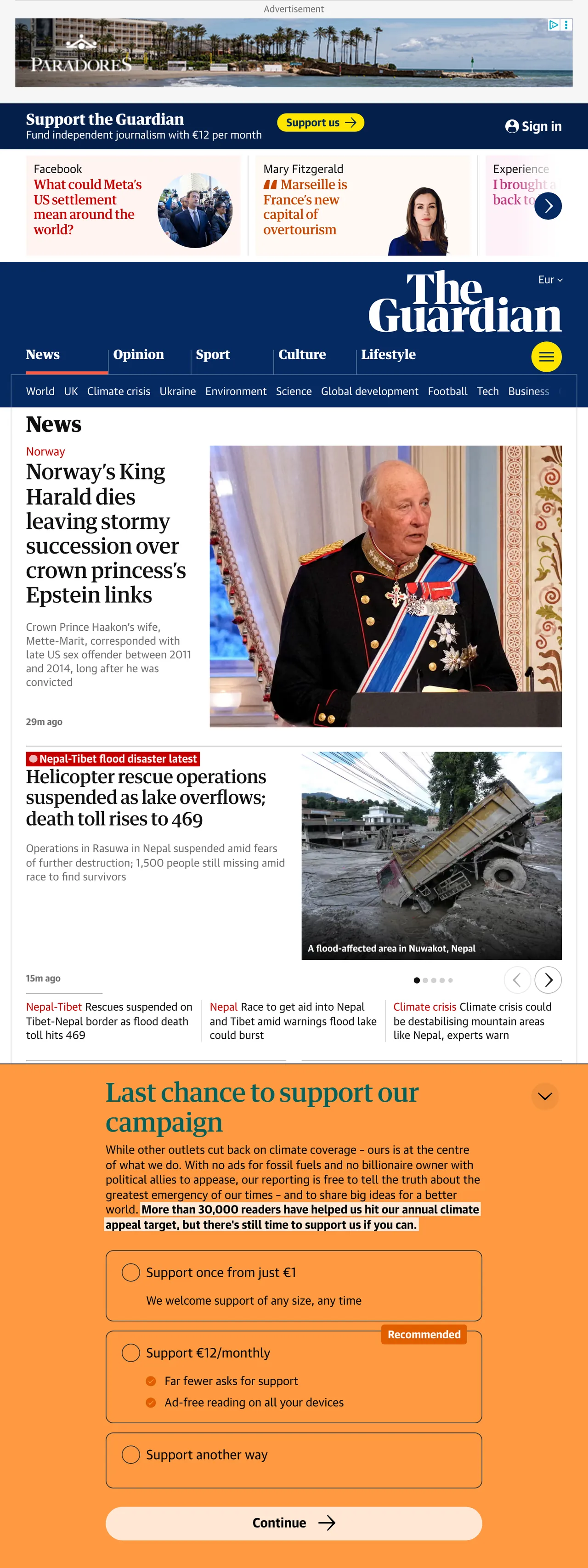 Screenshot of the The Guardian front page