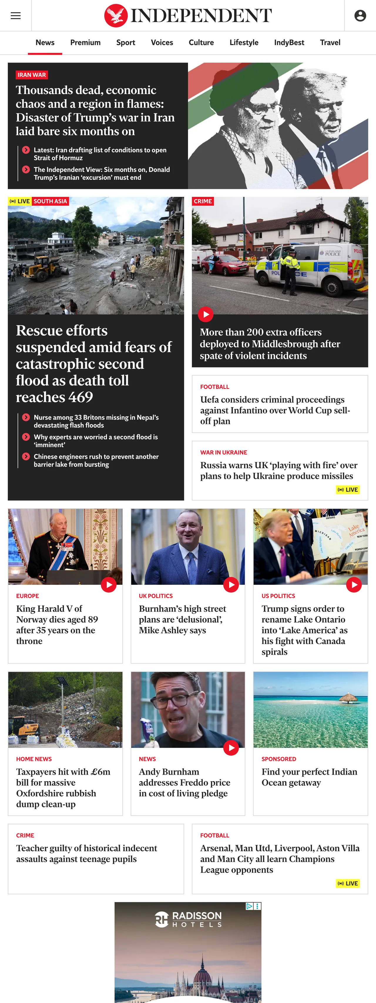 Screenshot of the The Independent front page