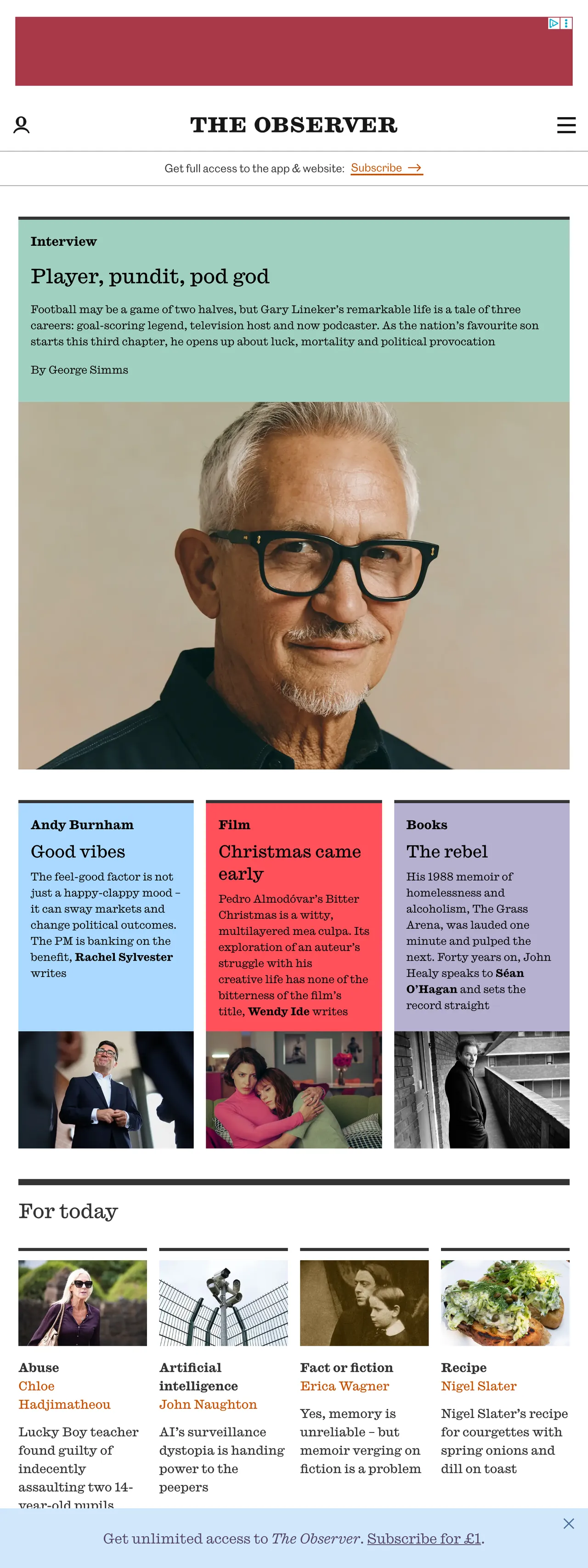 Screenshot of the The Observer front page