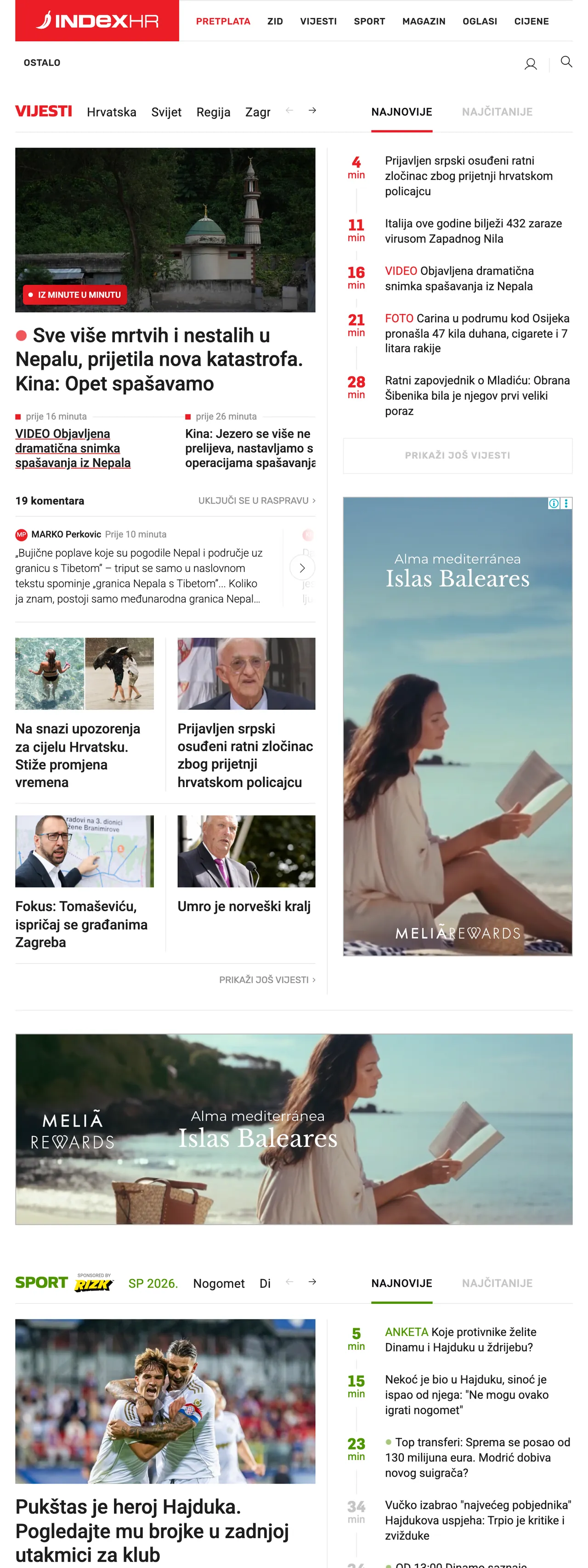 Screenshot of the Index.hr front page
